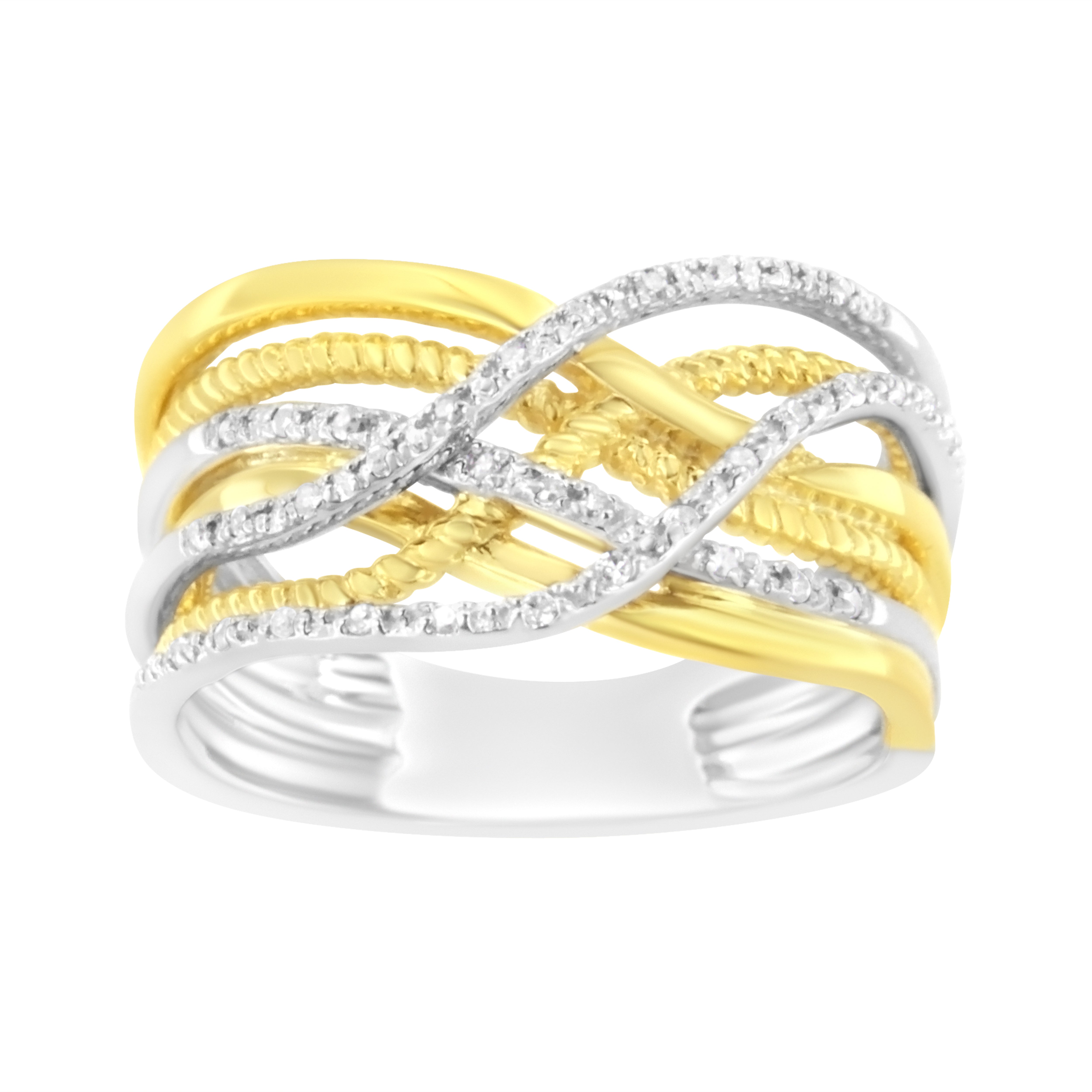 10K Yellow Gold Plated .925 Sterling Silver 1/10 Cttw Diamond Multi Row Crossover Ring Band (I-J Color, I1-I2 Clarity) - Size 7
