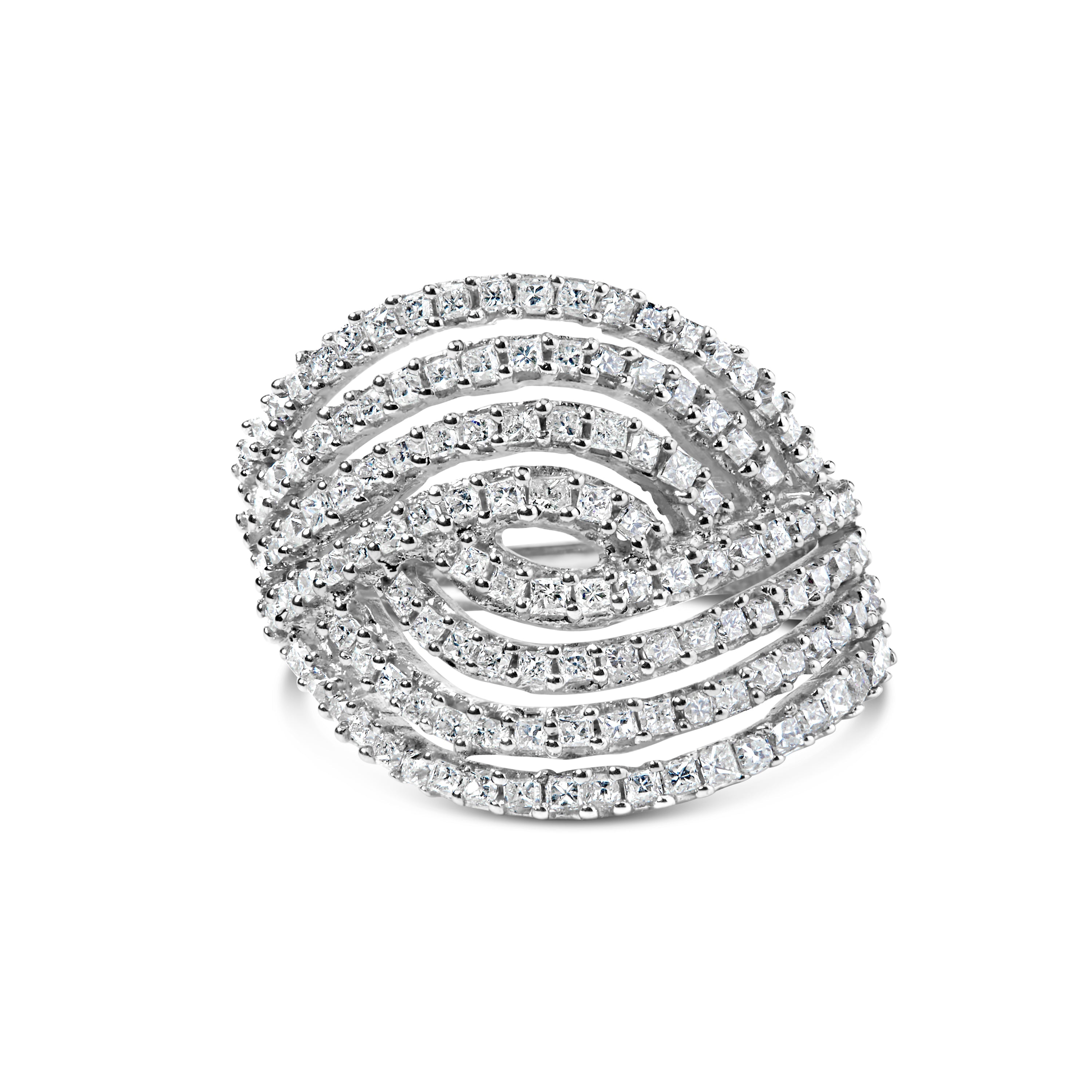 10K White Gold 1 1/2 Cttw Princess Diamond Swirl Design Cocktail Ring