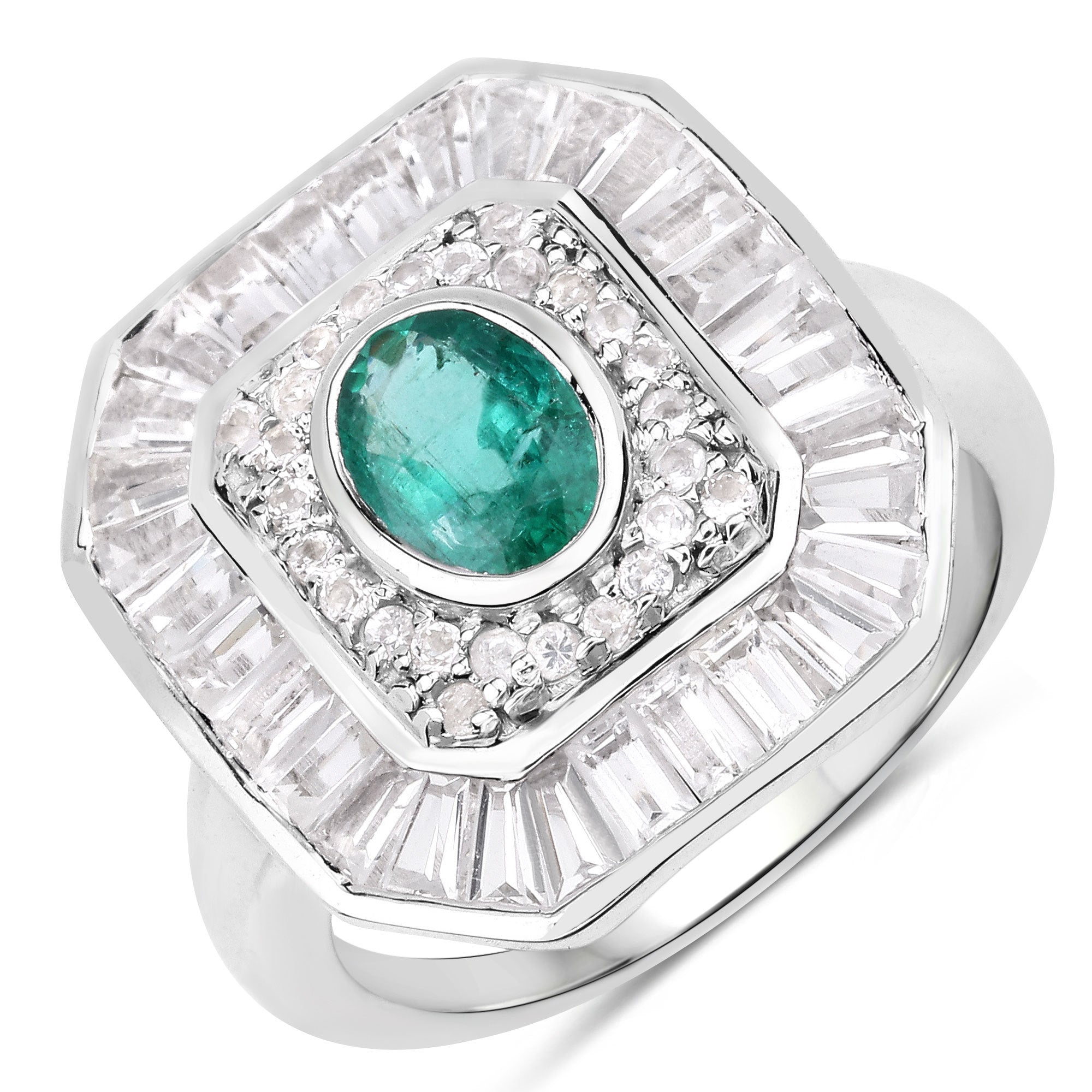 3.14 Carat Genuine Zambian Emerald and White Topaz .925 Sterling Silver Ring