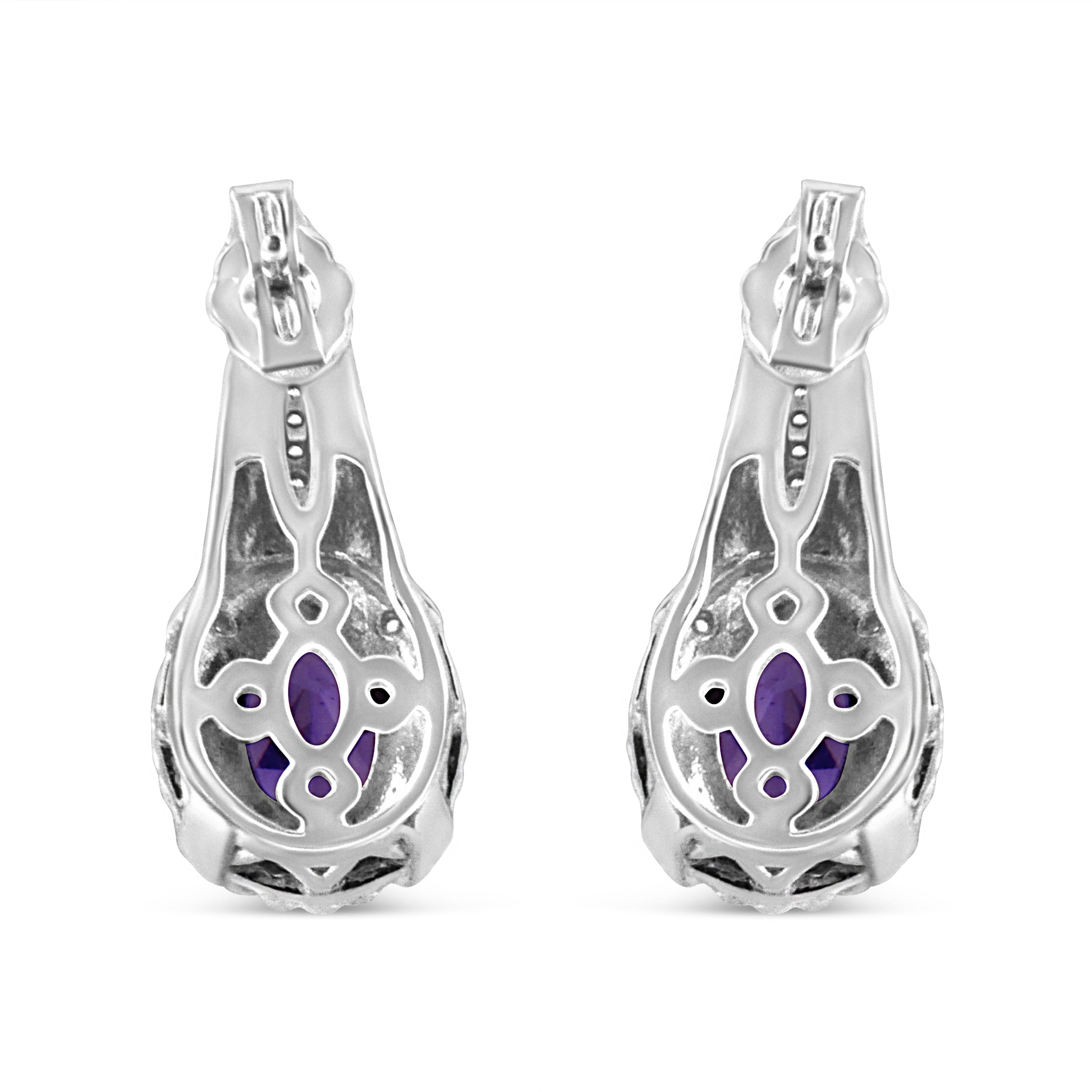 .925 Sterling Silver 8x6 MM Natural Oval Purple Amethyst Gemstone and Diamond Accent Art Deco Style Drop and Dangle Earrings (I-J Color, I1-I2 Clarity)
