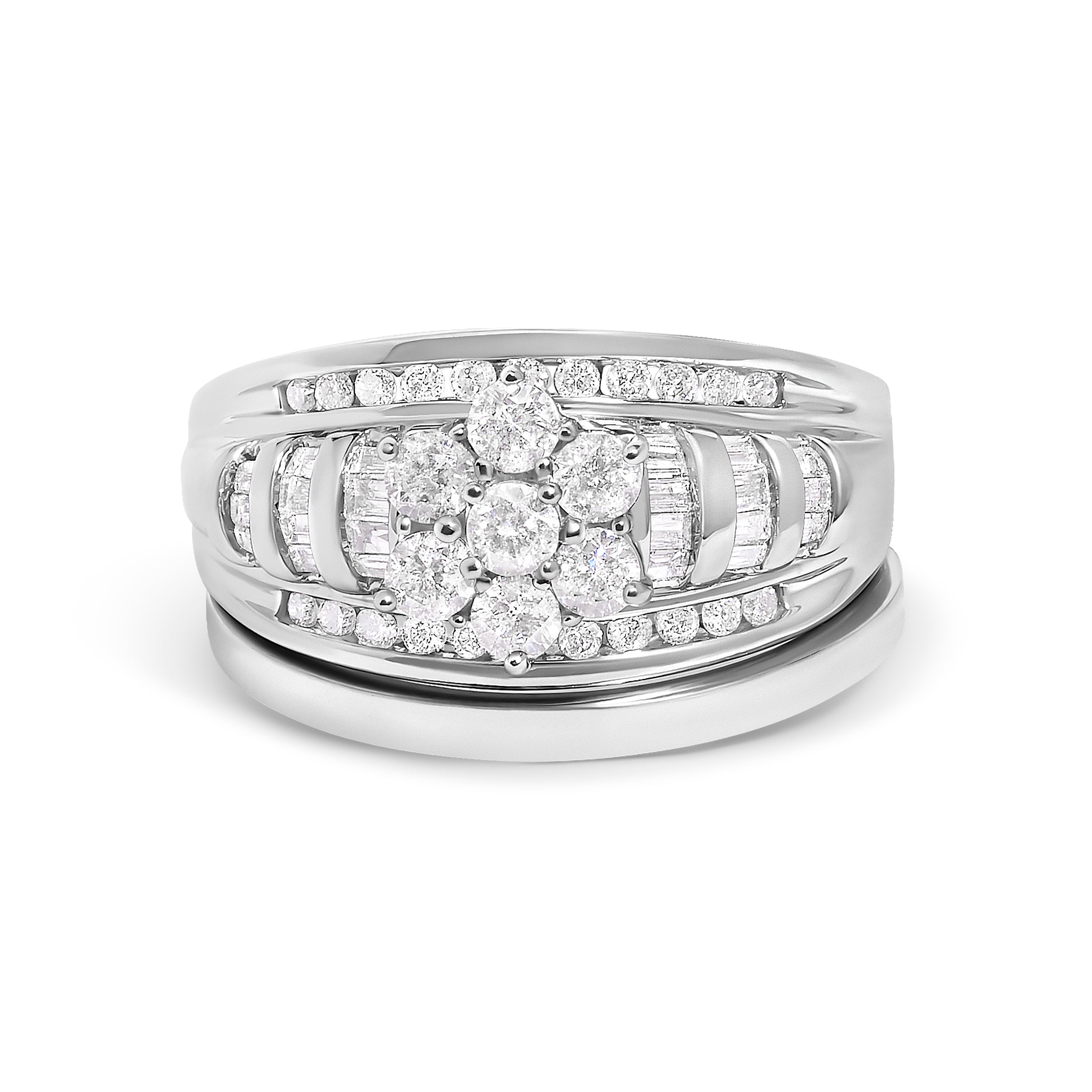 14K White Gold 1.0 Cttw Round and Baguette Diamond Cluster Bridal Set
