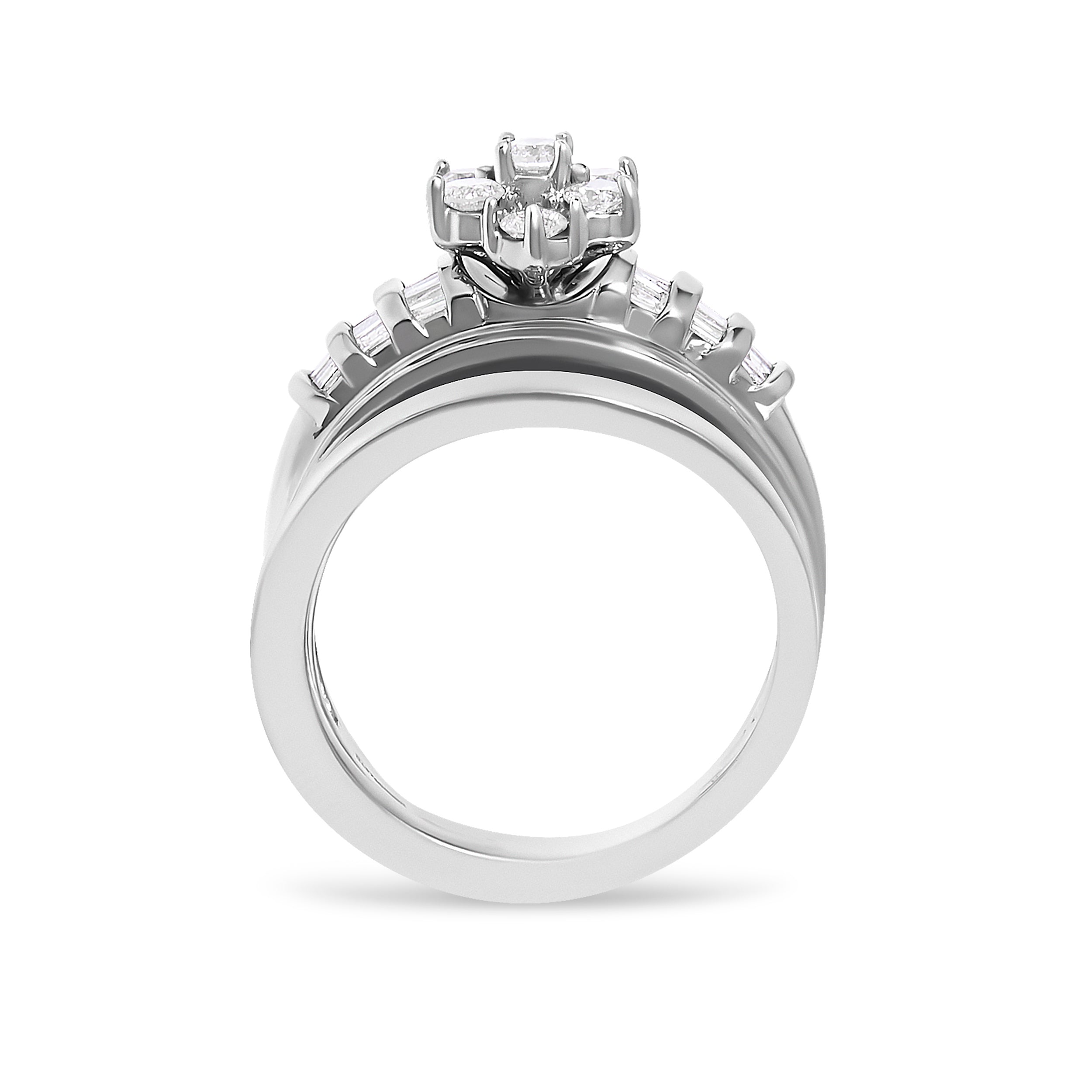 14K White Gold 1.0 Cttw Round and Baguette Diamond Cluster Bridal Set