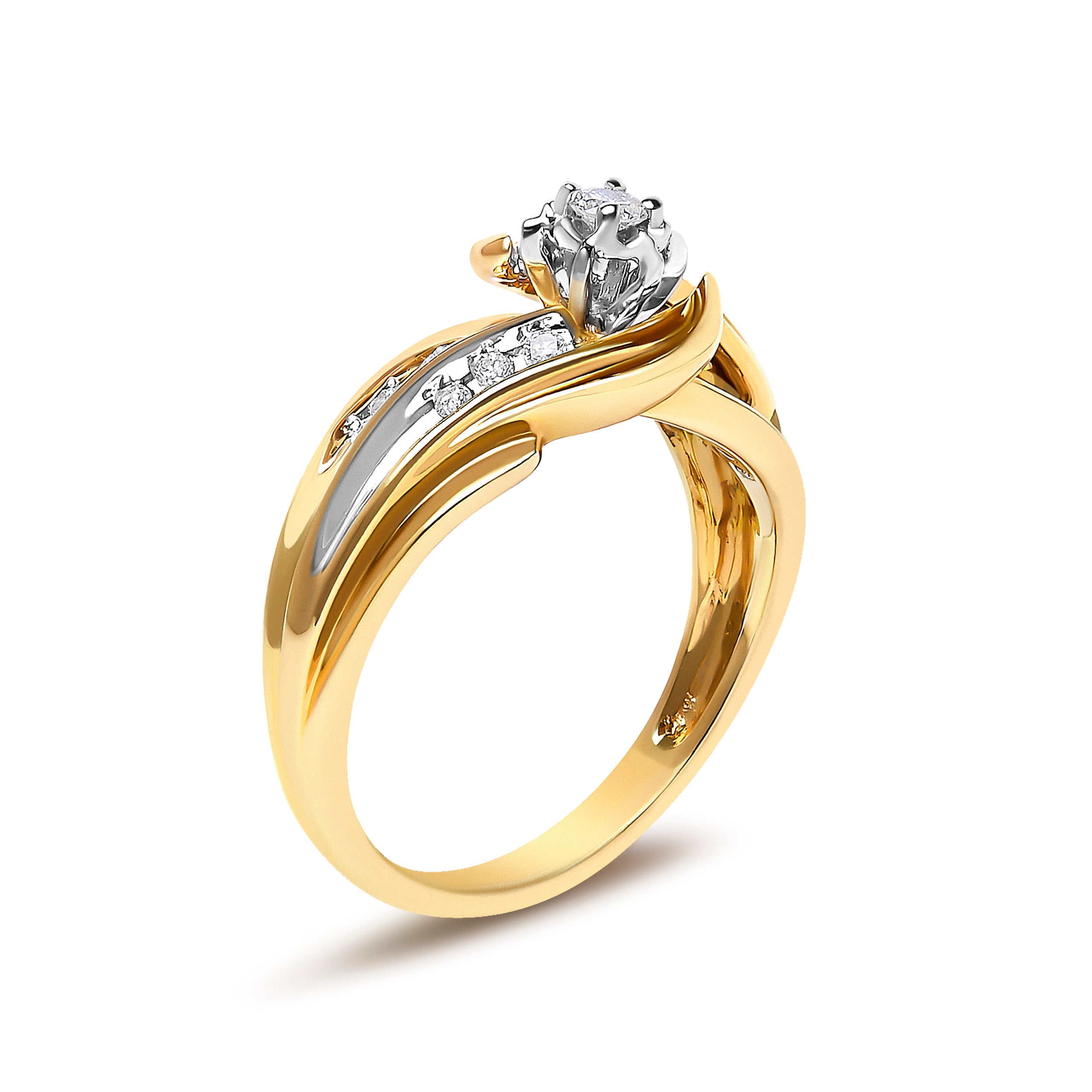 14K Yellow Gold 1/4 Cttw Round Diamond Wave Motif Bypass Ring
