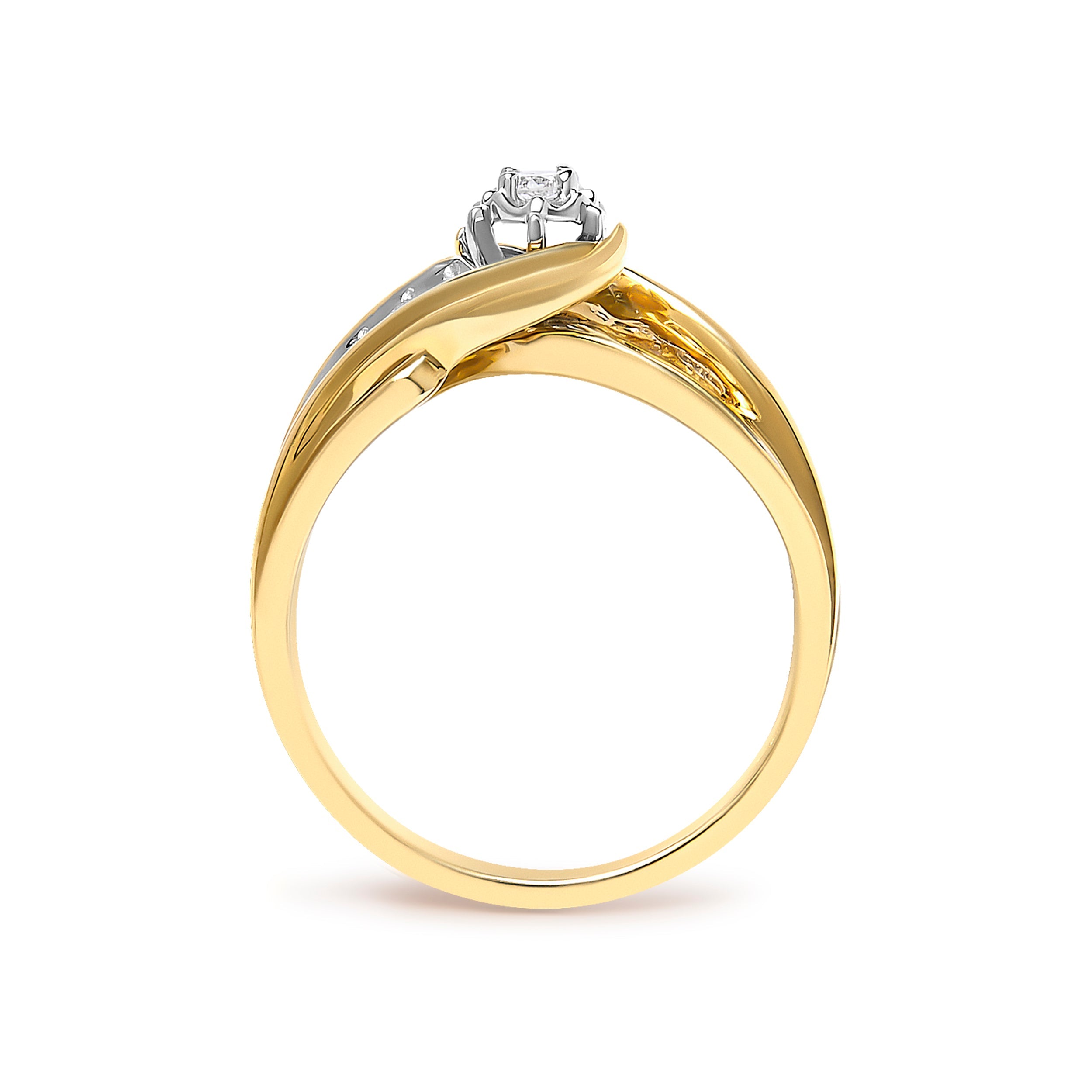 14K Yellow Gold 1/4 Cttw Round Diamond Wave Motif Bypass Ring