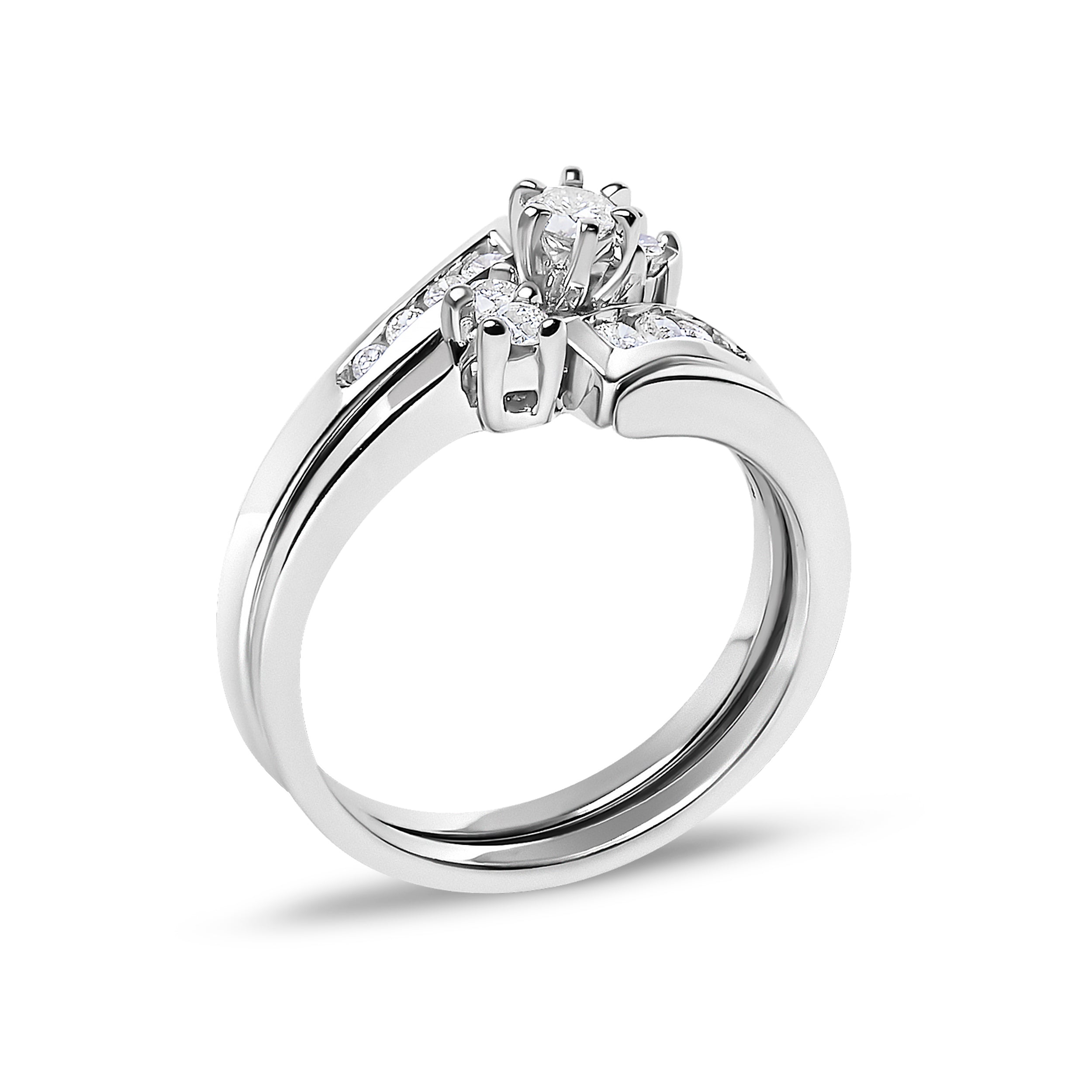 14K White Gold 3/8 Cttw Diamond Swirl Engagement Bridal Ring Set