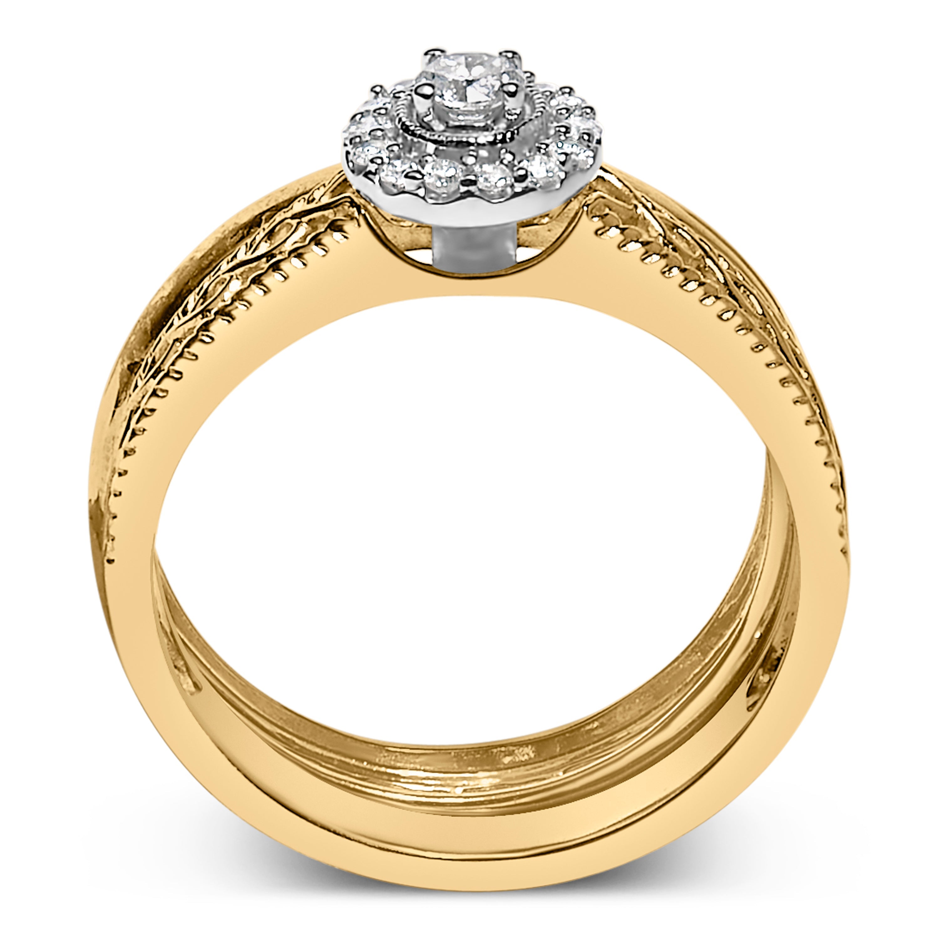 14K Yellow Gold Plated .925 Sterling Silver 1/5 Cttw Diamond Halo Engagement Ring and Wedding Band Set (I-J Color, I3 Clarity) - Size 7