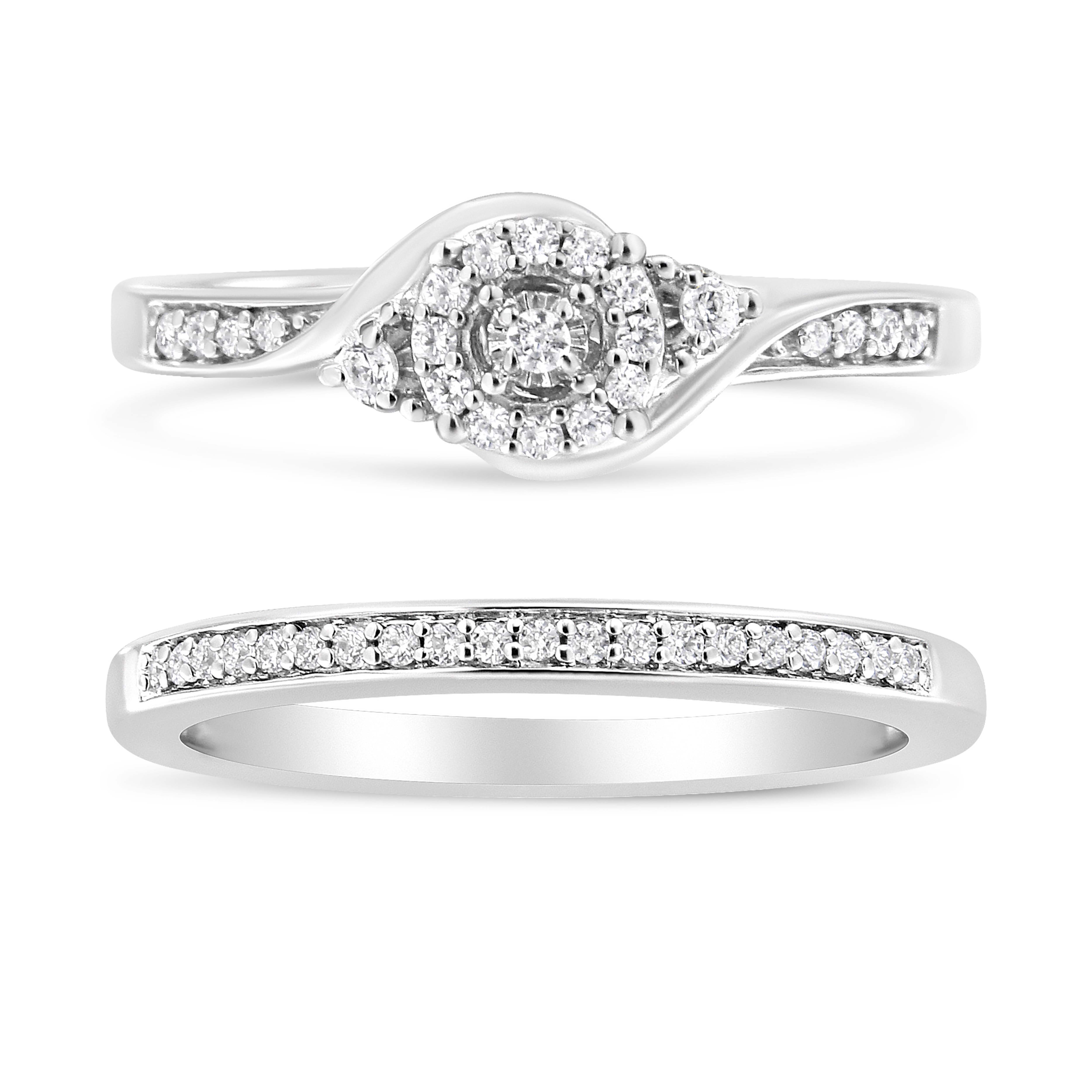 .925 Sterling Silver 1/4 Cttw Diamond Halo and Swirl Engagement Ring and Wedding Band Set (I-J Color, I3 Clarity)- Ring Size 7