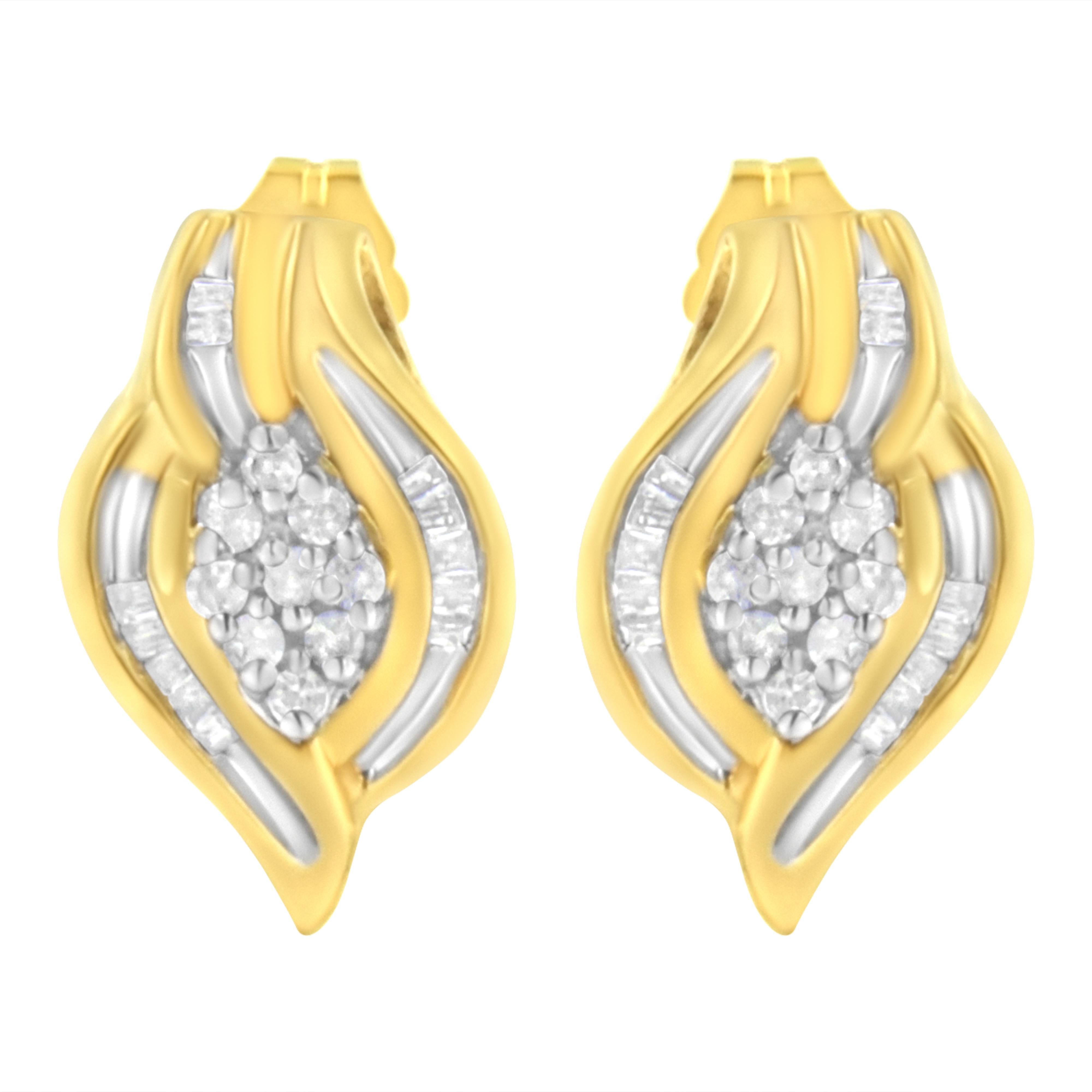10K Yellow Gold 1/3 cttw Round-Cut Diamond Cluster and Swirl Stud Earrings (J-K Clarity, I2-I3 Color)