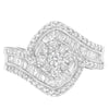 14K White Gold 1 Cttw Baguette and Round Diamond Floral Swirl Cluster Cocktail Ring