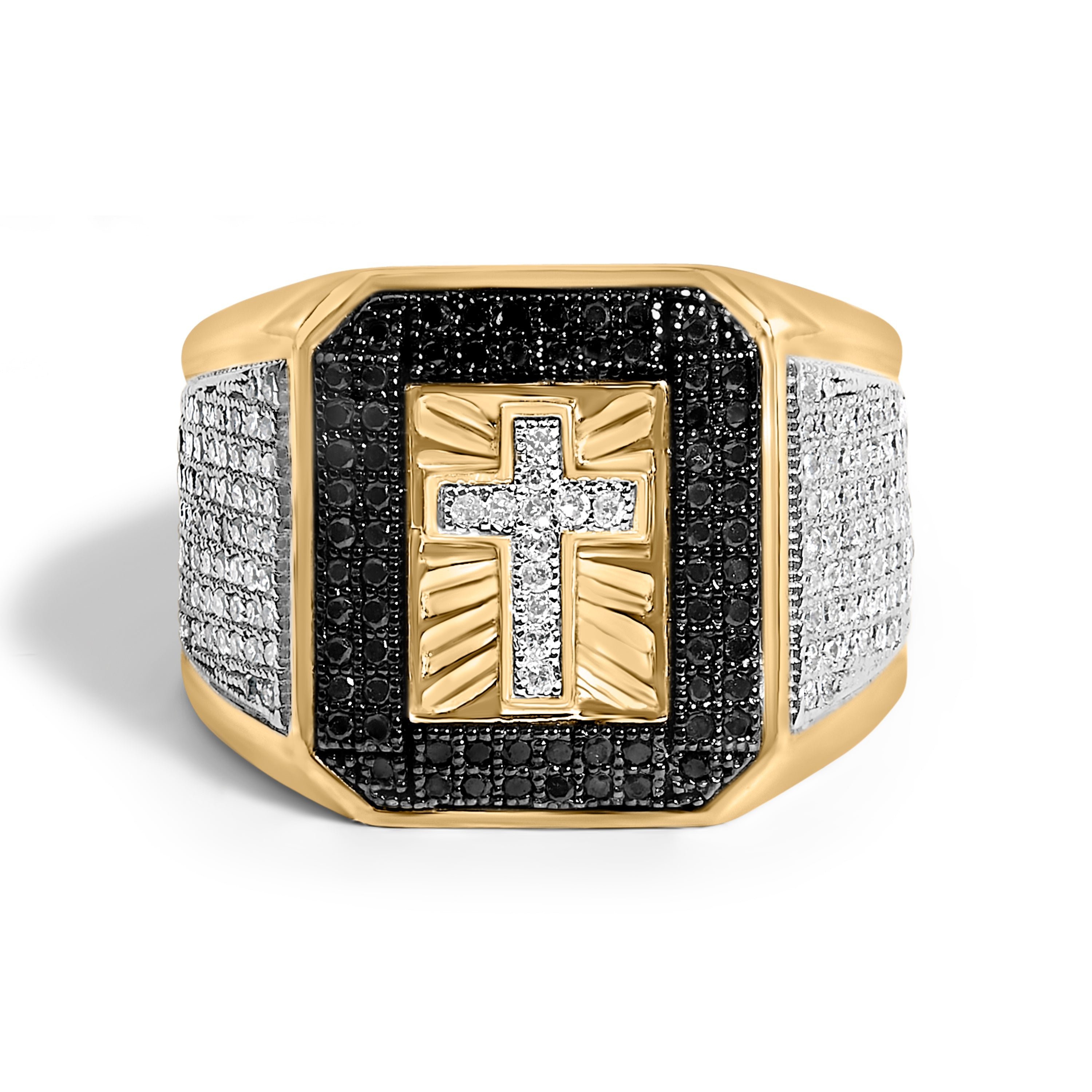 Men's 10K Yellow Gold 1 1/2 Cttw White and Black Diamond Cross Signet Ring