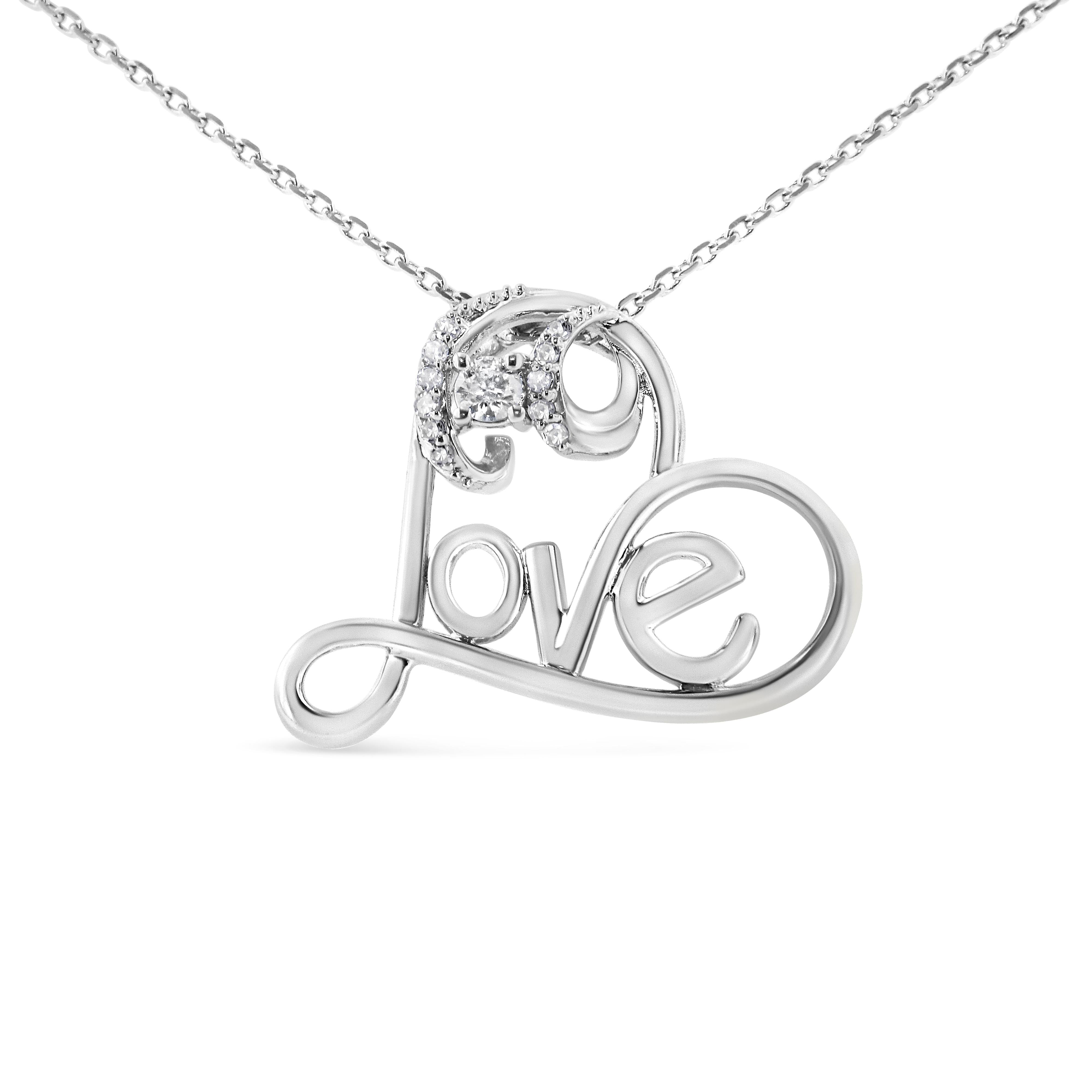 .925 Sterling Silver 1/6 Cttw Round Brilliant-Cut Diamond Accented Open Heart with Love 18" Pendant Necklace (H-I Color, I1-I2 Clarity)