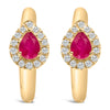 10K Yellow Gold Pear Cut Red Ruby 4x3 mm and 1/10 Cttw Round Diamond Huggy Earrings (I-J Color, I1-I2 Clarity)