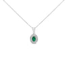 14K White Gold Oval 6x4 MM Green Emerald and Diamond Halo Pendant Necklace - 18 inch