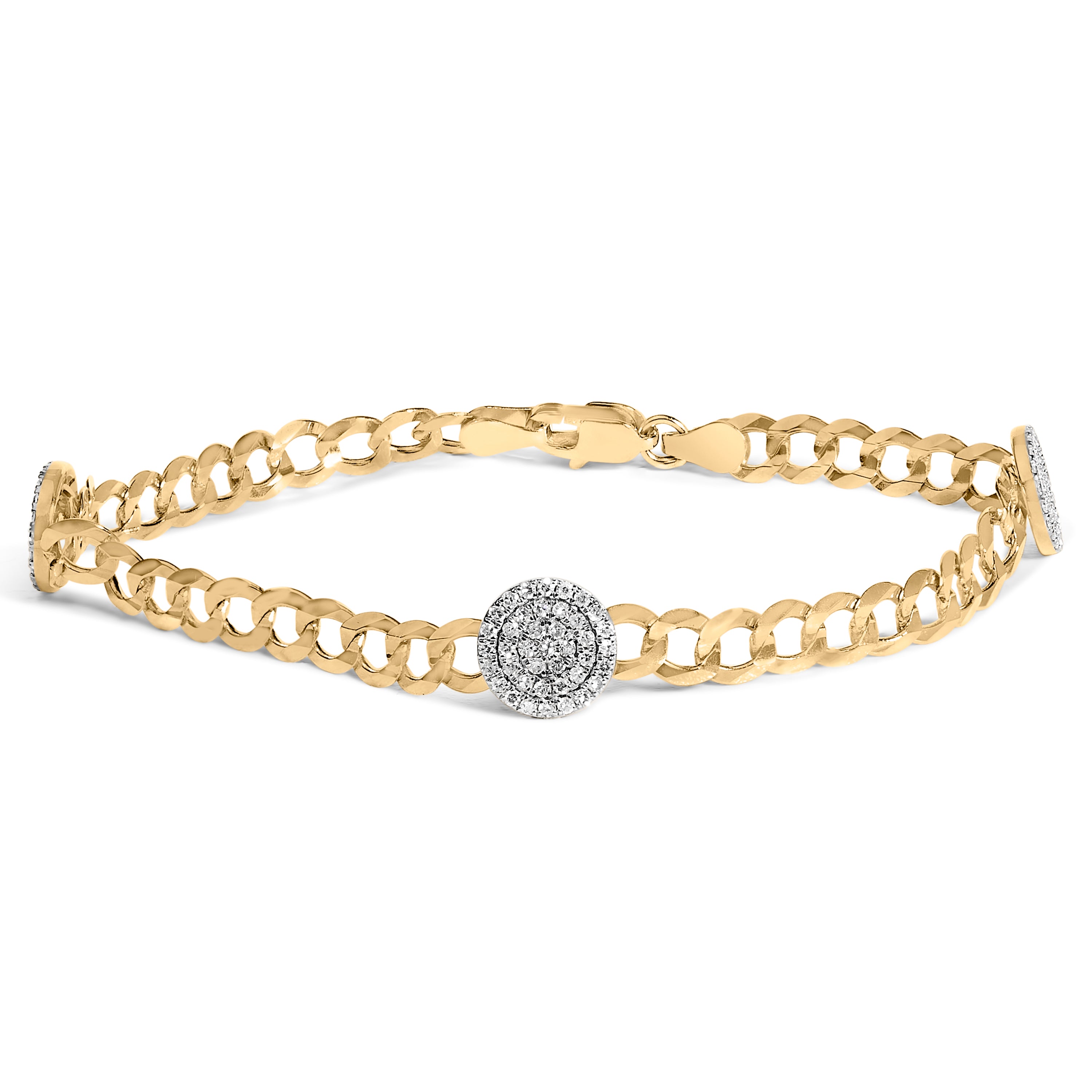 14K Yellow Gold 5/8 Cttw Diamond Cluster Curb Chain Bracelet
