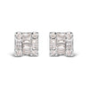 10K White Gold 1/7 Cttw Round and Baguette Diamond Mosaic Square Stud Earrings (H-I Color, I1-I2 Clarity)