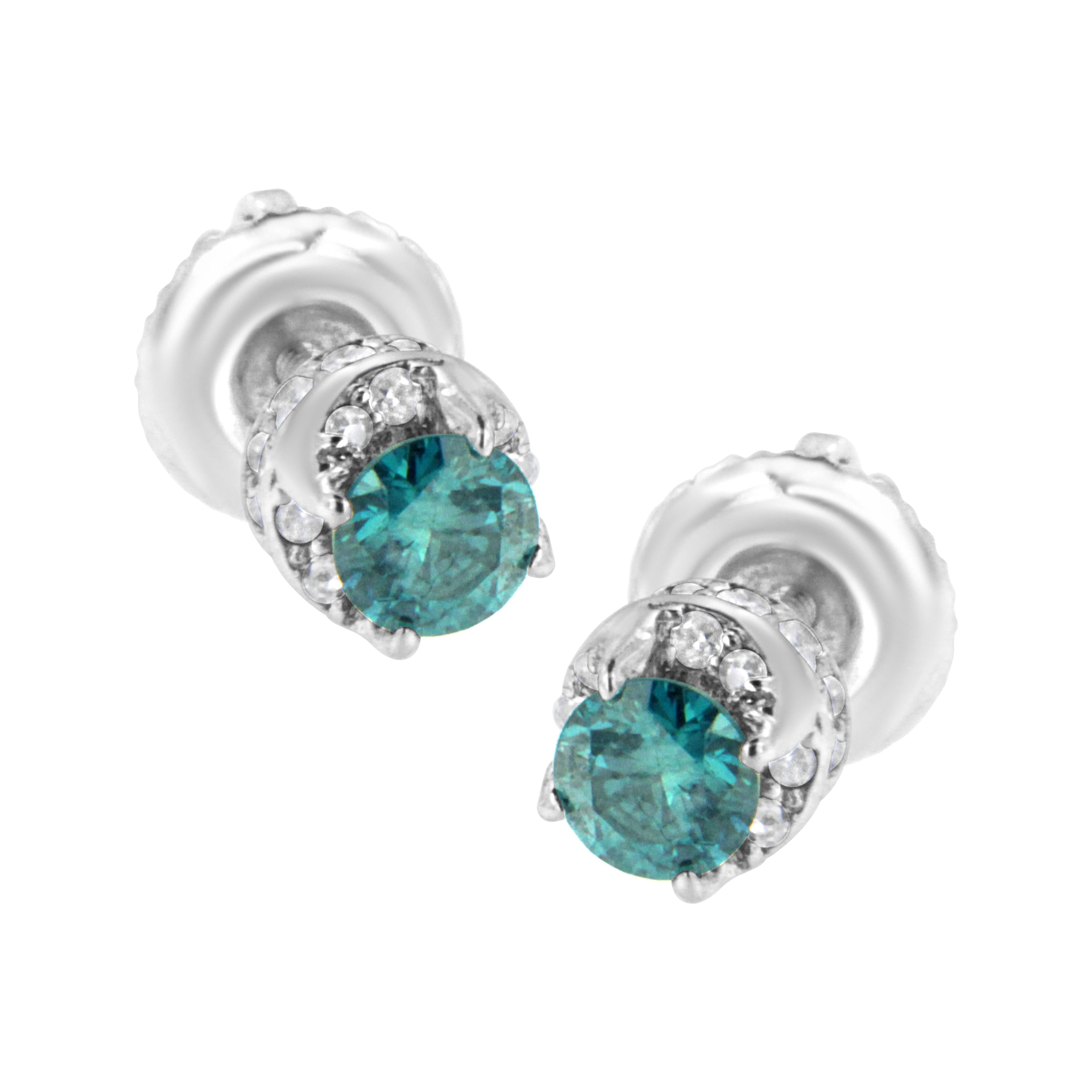 14K White Gold 1/2 cttw White and Treated Blue Round Diamond Earrings (I-J I2-I3)