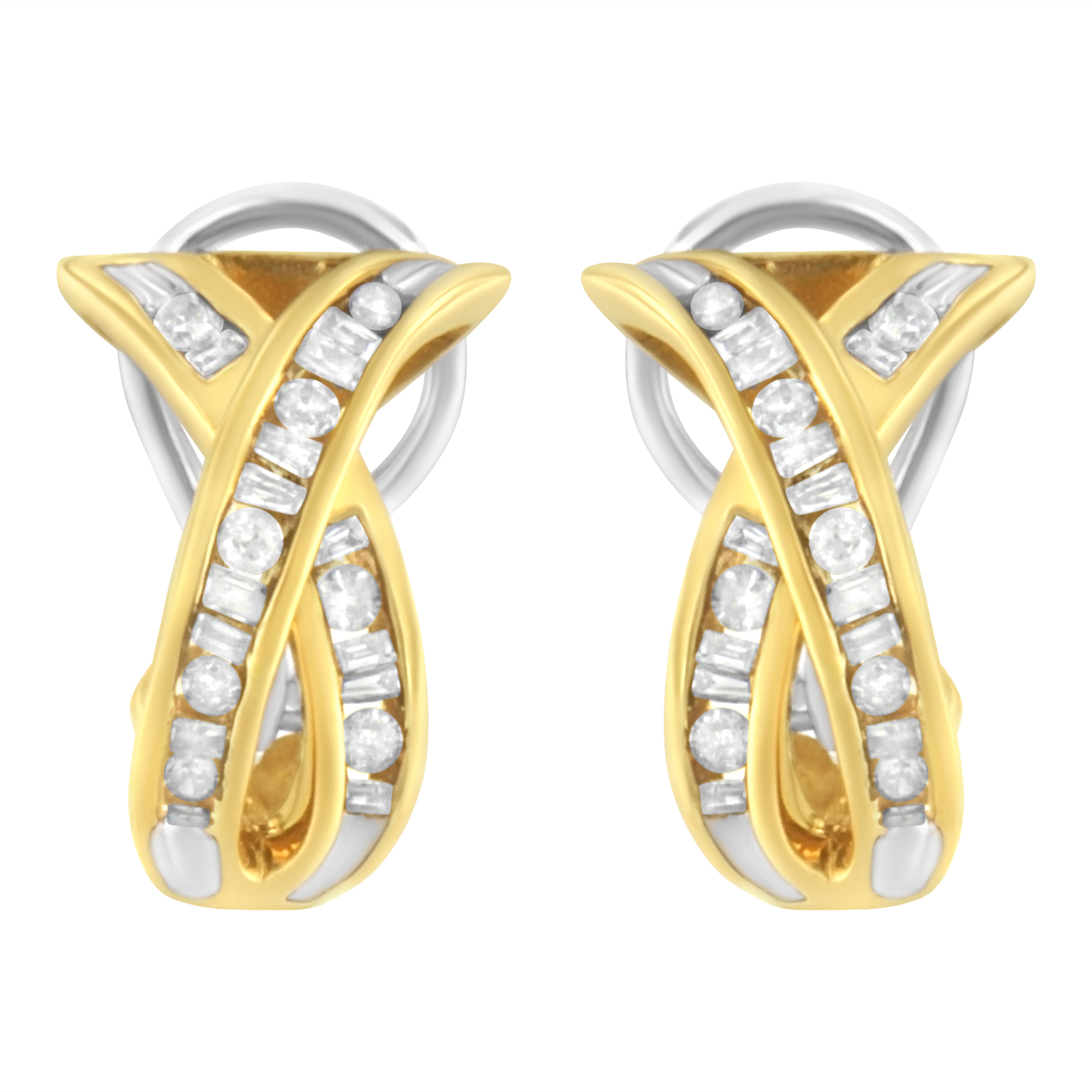 14K Yellow and White Gold 1/2 TDW "X" Shape Cross Over Diamond Hoop Earrings (I-J, I2-I3)