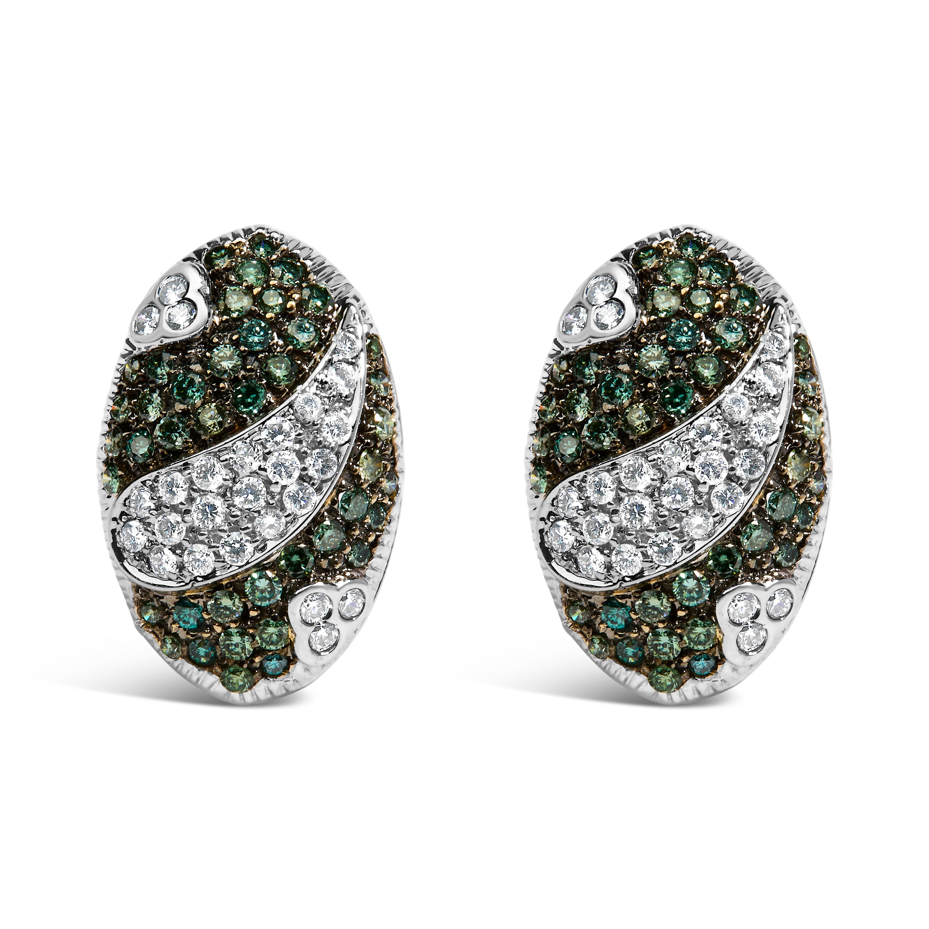 14K White Gold 2.00 Cttw White and Treated Blue Diamond Oval Shield Omega Back Earrings (H-I Color, SI1-SI2 Clarity)