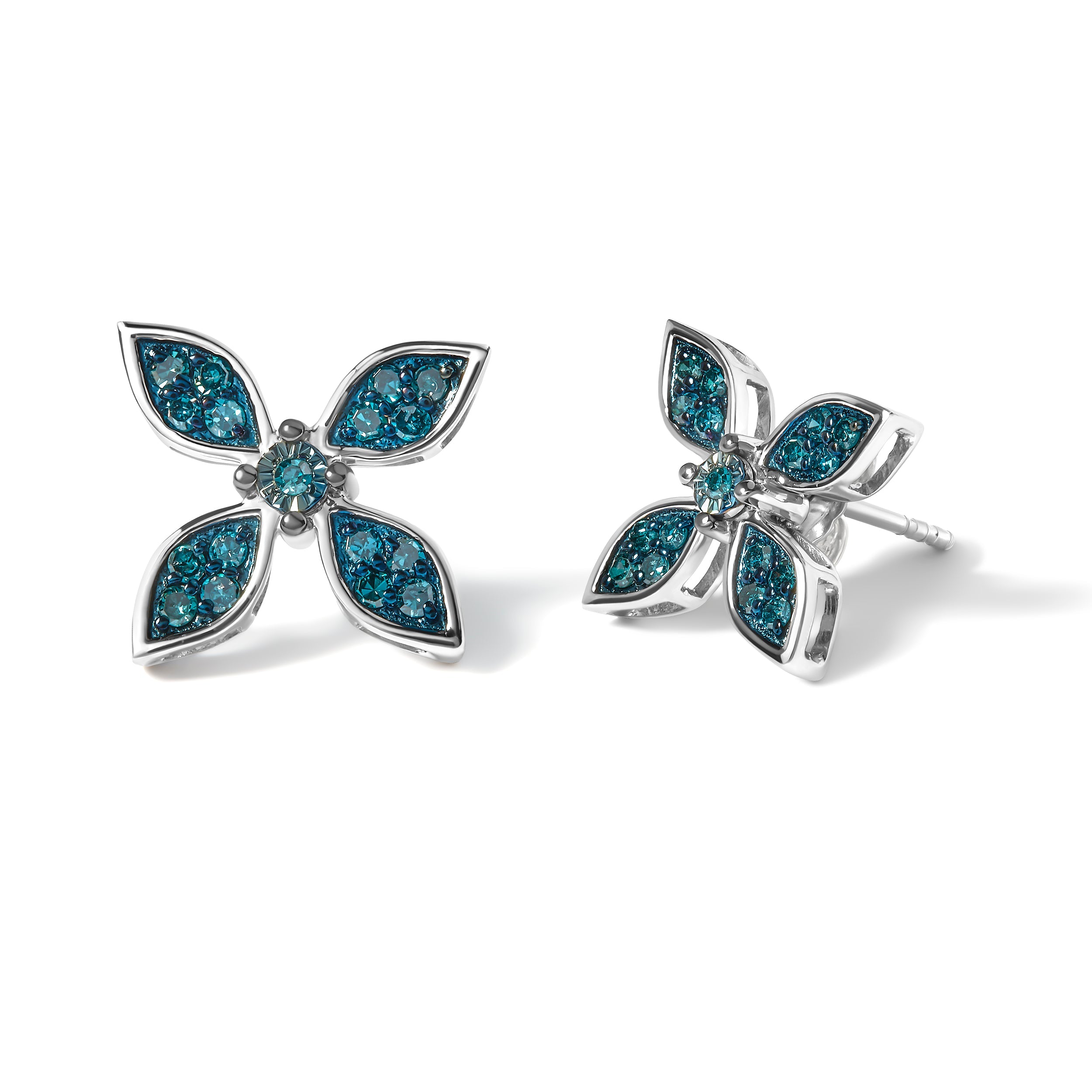 .925 Sterling Silver 1/3 Cttw Blue Diamond Floral Earrings