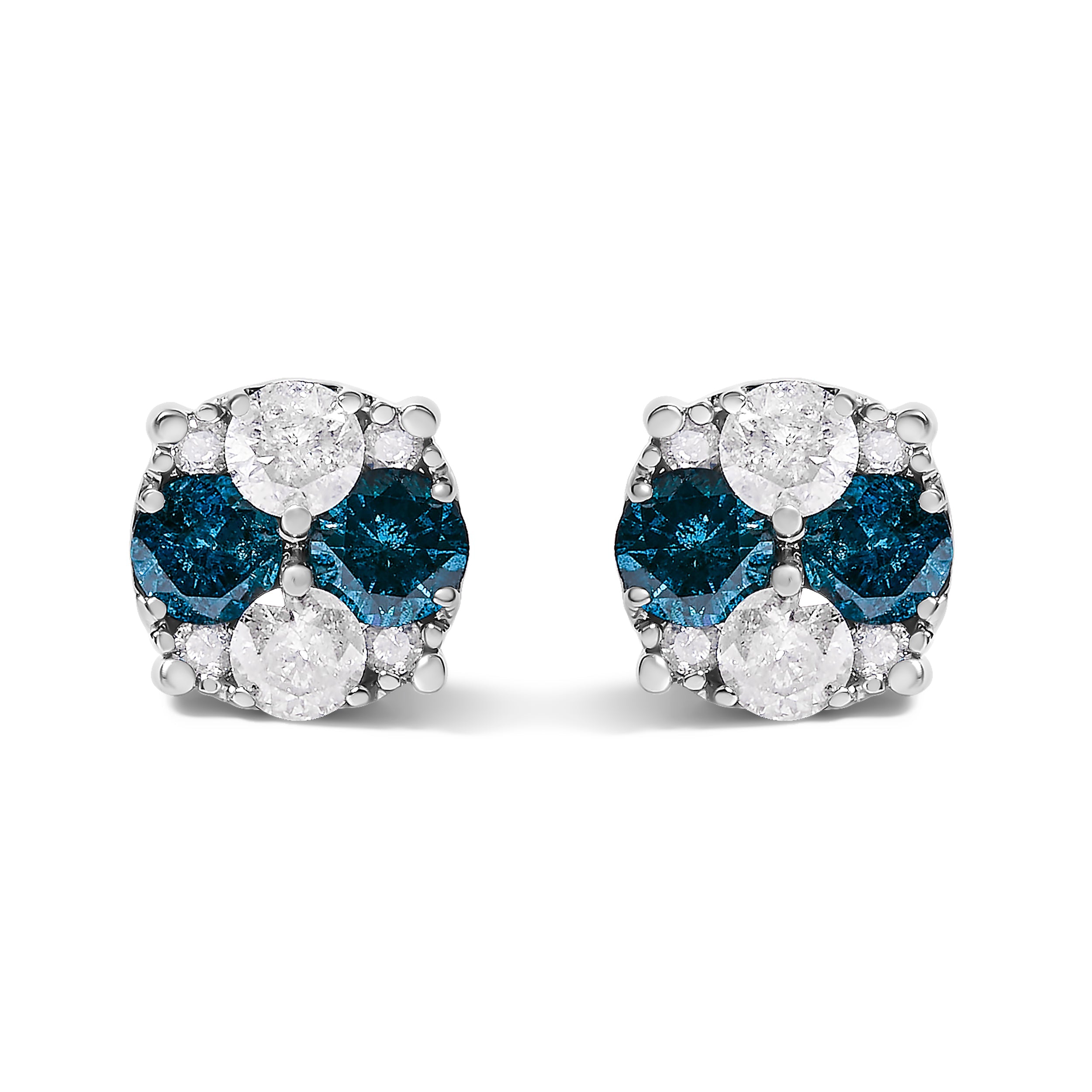 .925 Sterling Silver 2.0 Cttw Blue Diamond Composite Cluster Stud Earring