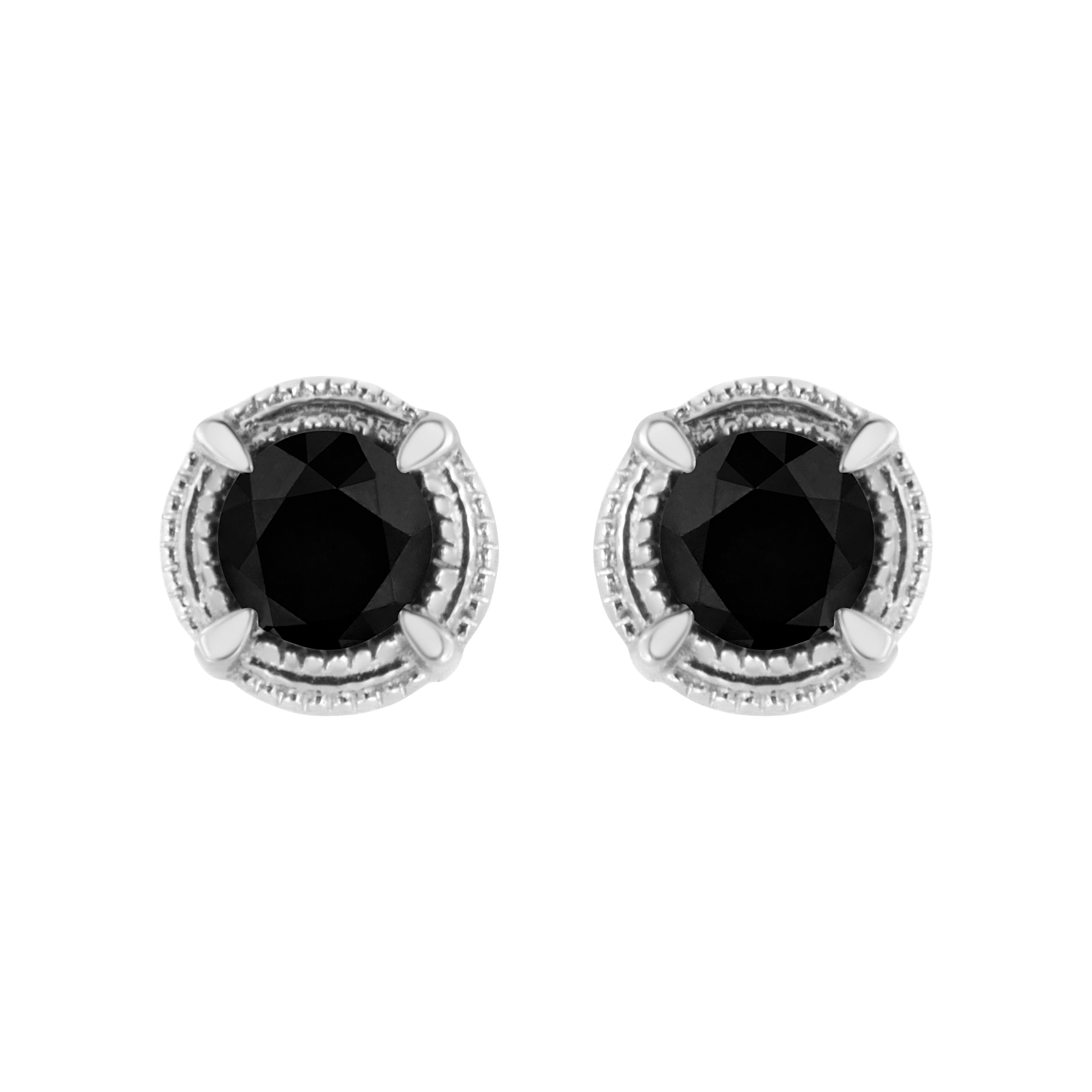 .925 Sterling Silver 1 cttw Treated Black Diamond Modern 4-Prong Solitaire Milgrain Stud Earrings (Black Color, I1-I2 Clarity)