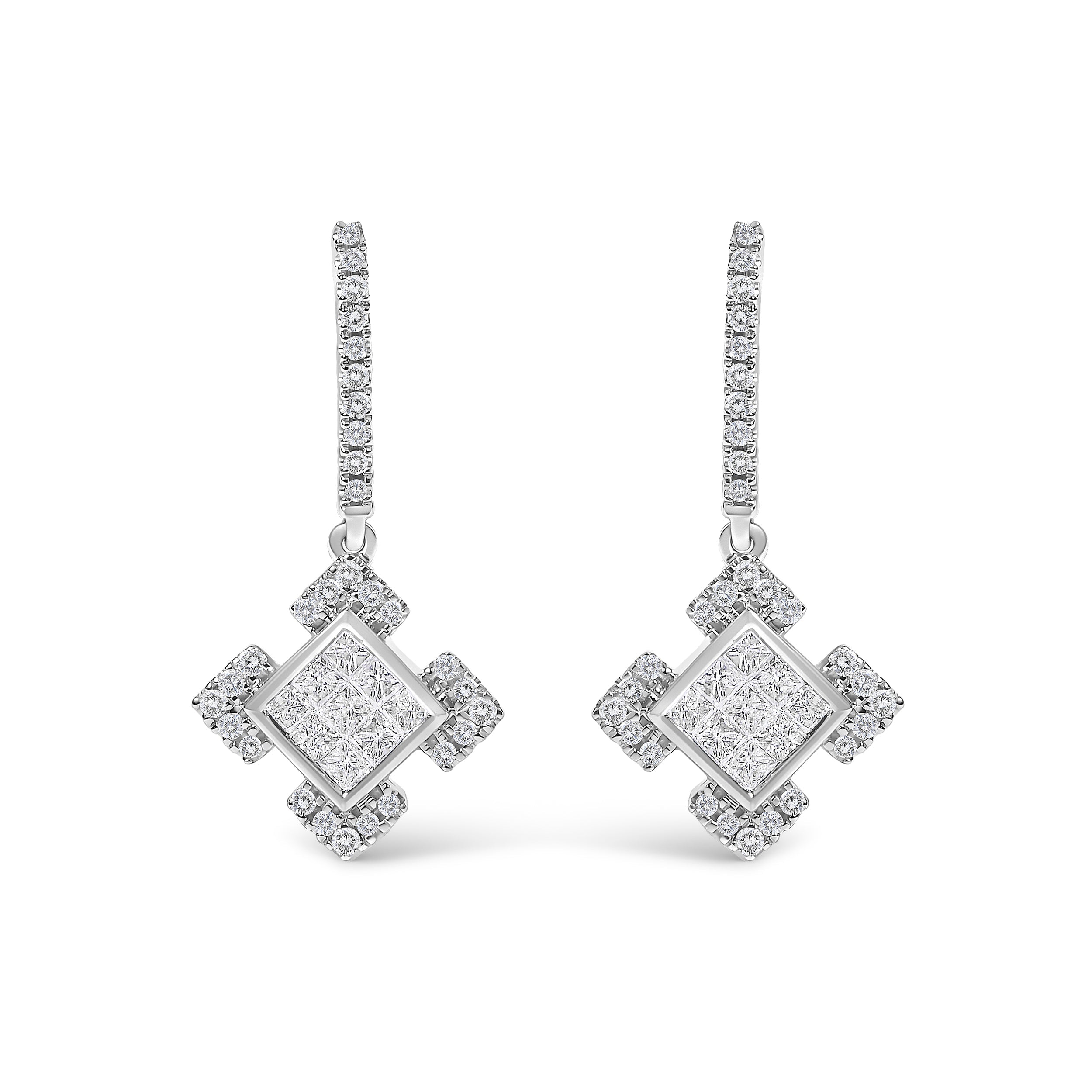 10K White Gold Princess and Round Diamond Geometric Composite Dangle Earrings