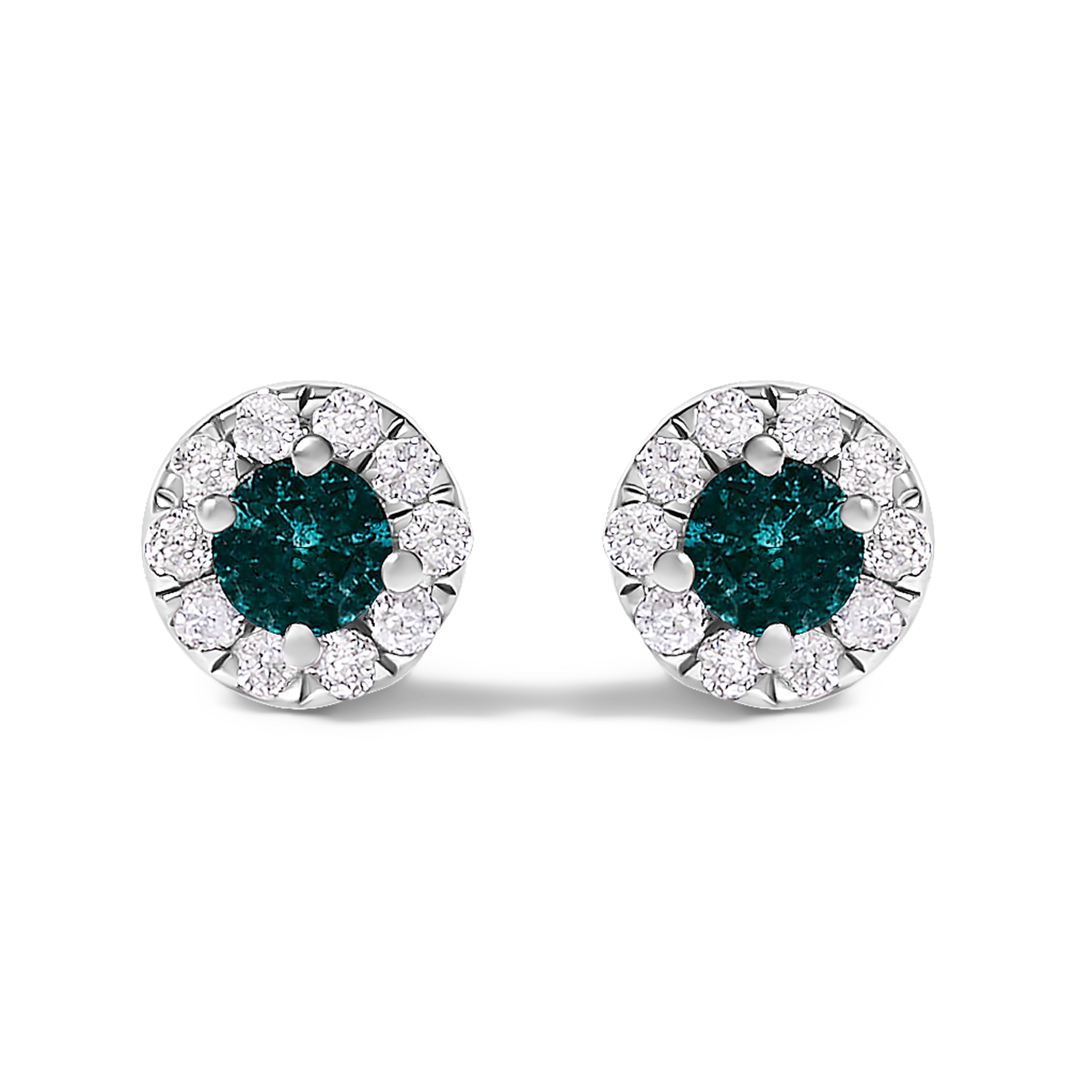 .925 Sterling Silver 1/3 Cttw White and Blue Diamond Halo Stud Earring