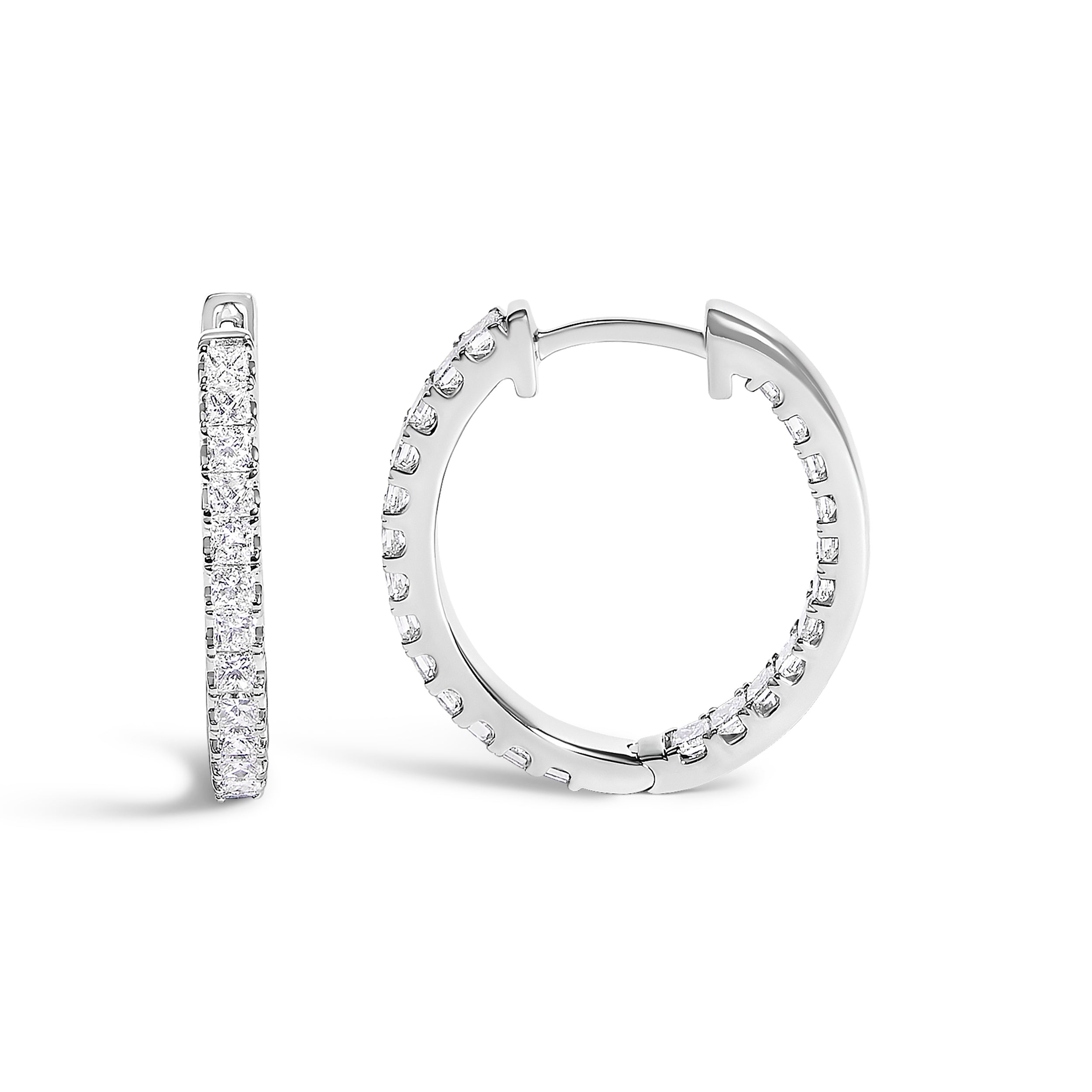14K White Gold 2.00 Cttw Princess Diamond Inside Out Elongated Hoop Earrings