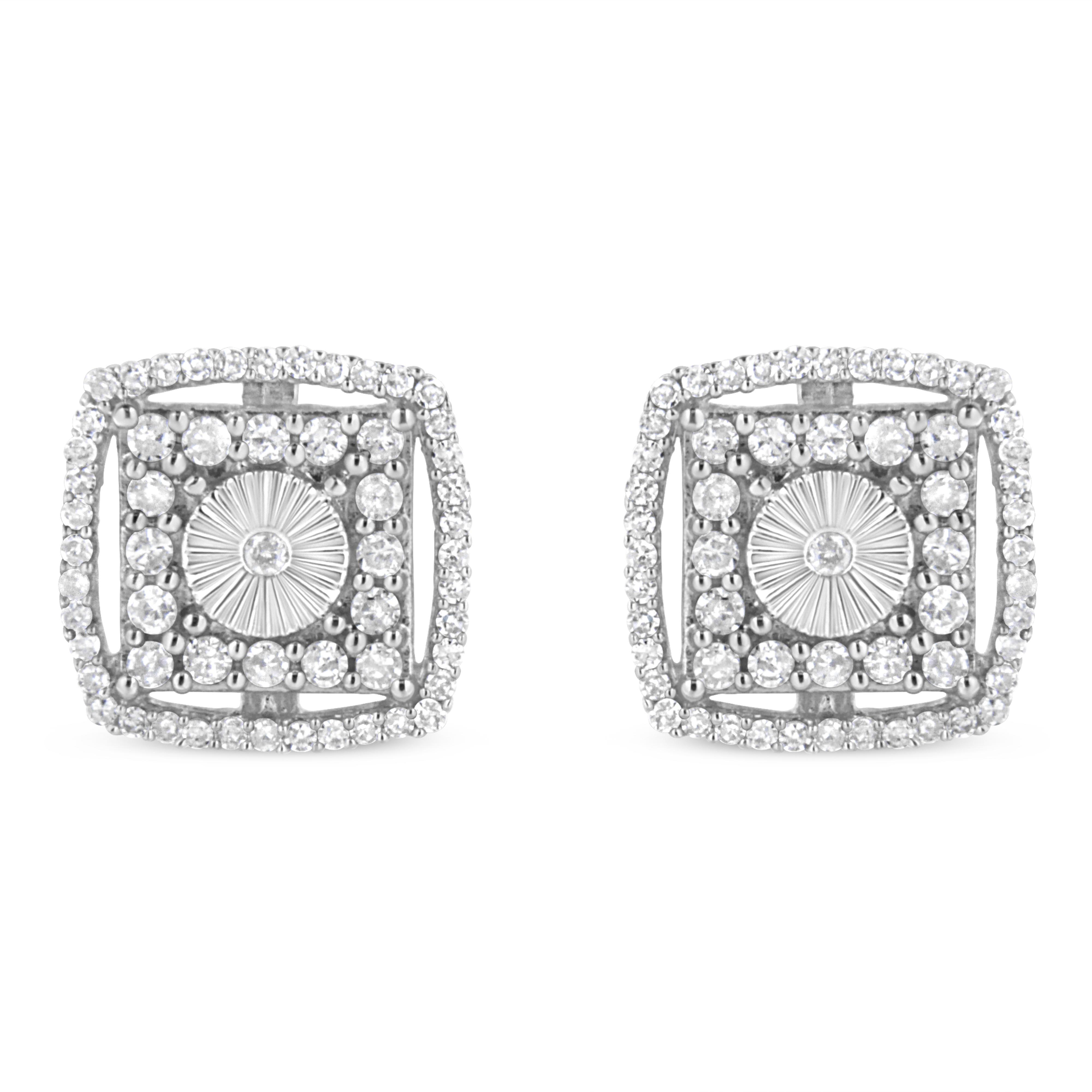 .925 Sterling Silver 1.0 Cttw Round Diamond Double Halo and Disc Stud Earring (I-J Color, I2-I3 Clarity)