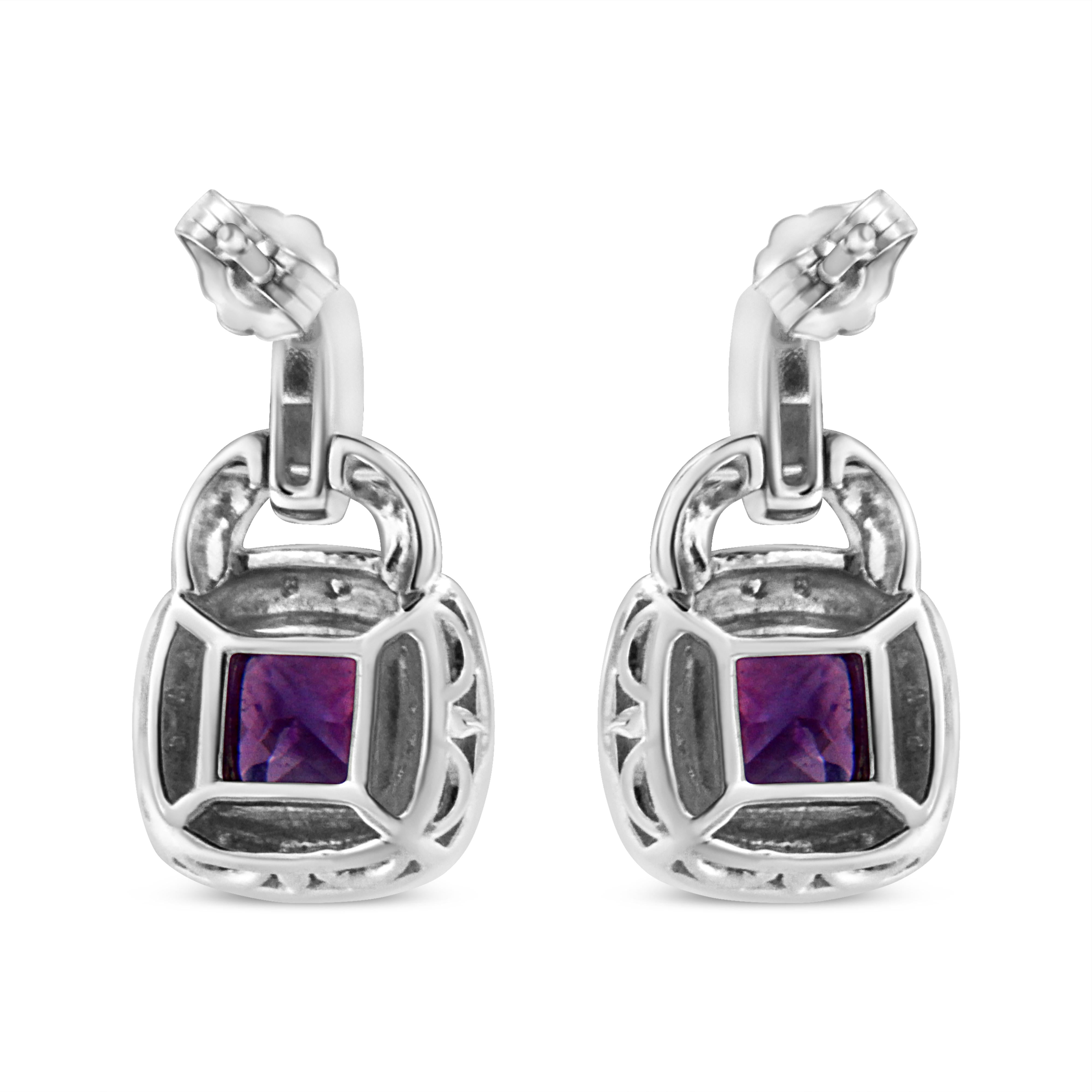 .925 Sterling Silver 8MM Natural Cushion Shaped Amethyst and Diamond Accent Halo with Push Back Dangle Earrings (I-J Color, I2-I3 Clarity)