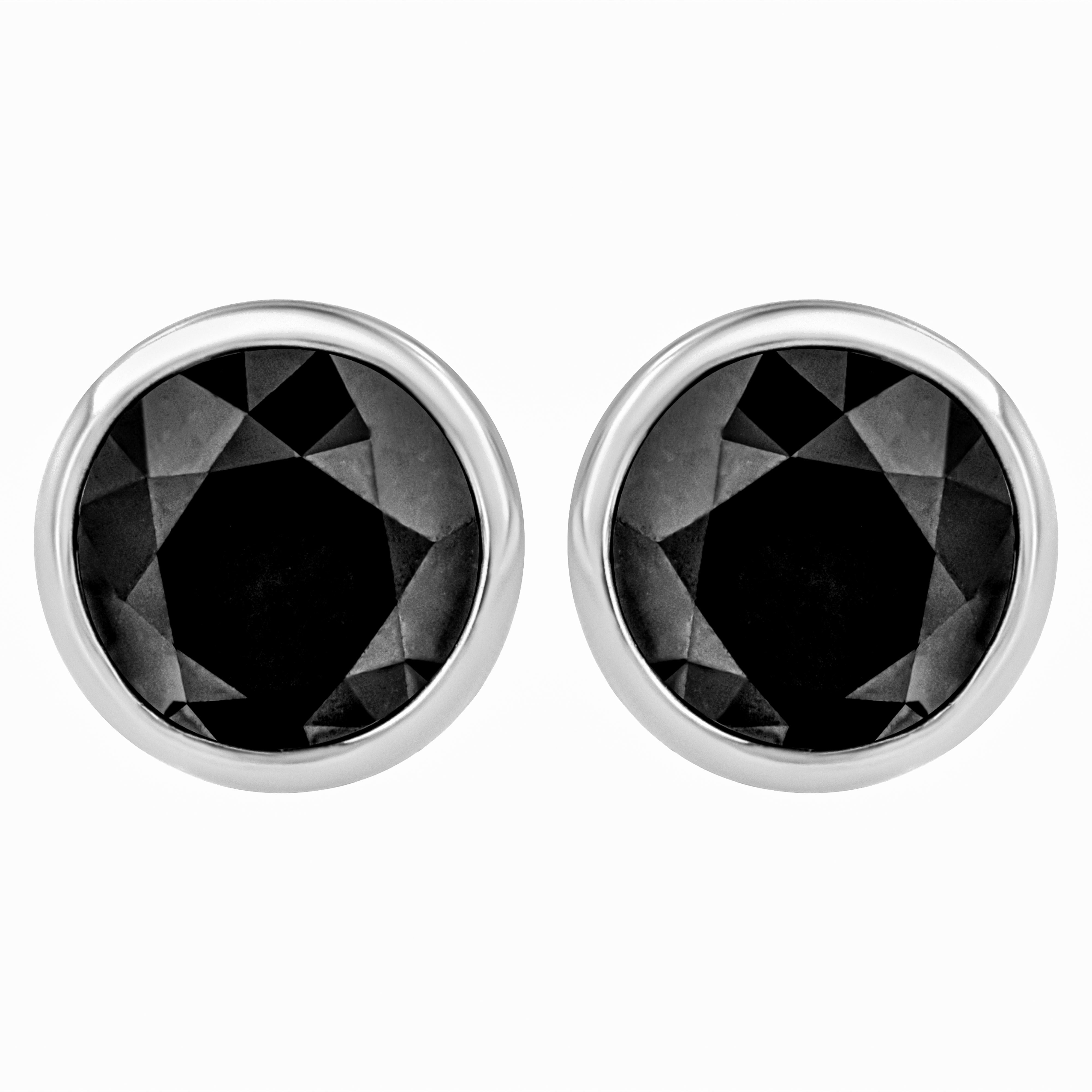 14K White Gold 1/2 Cttw Round Brilliant-Cut Black Diamond Bezel-Set Stud Earrings with Screw Backs (Fancy Color-Enhanced, I2-I3 Clarity)