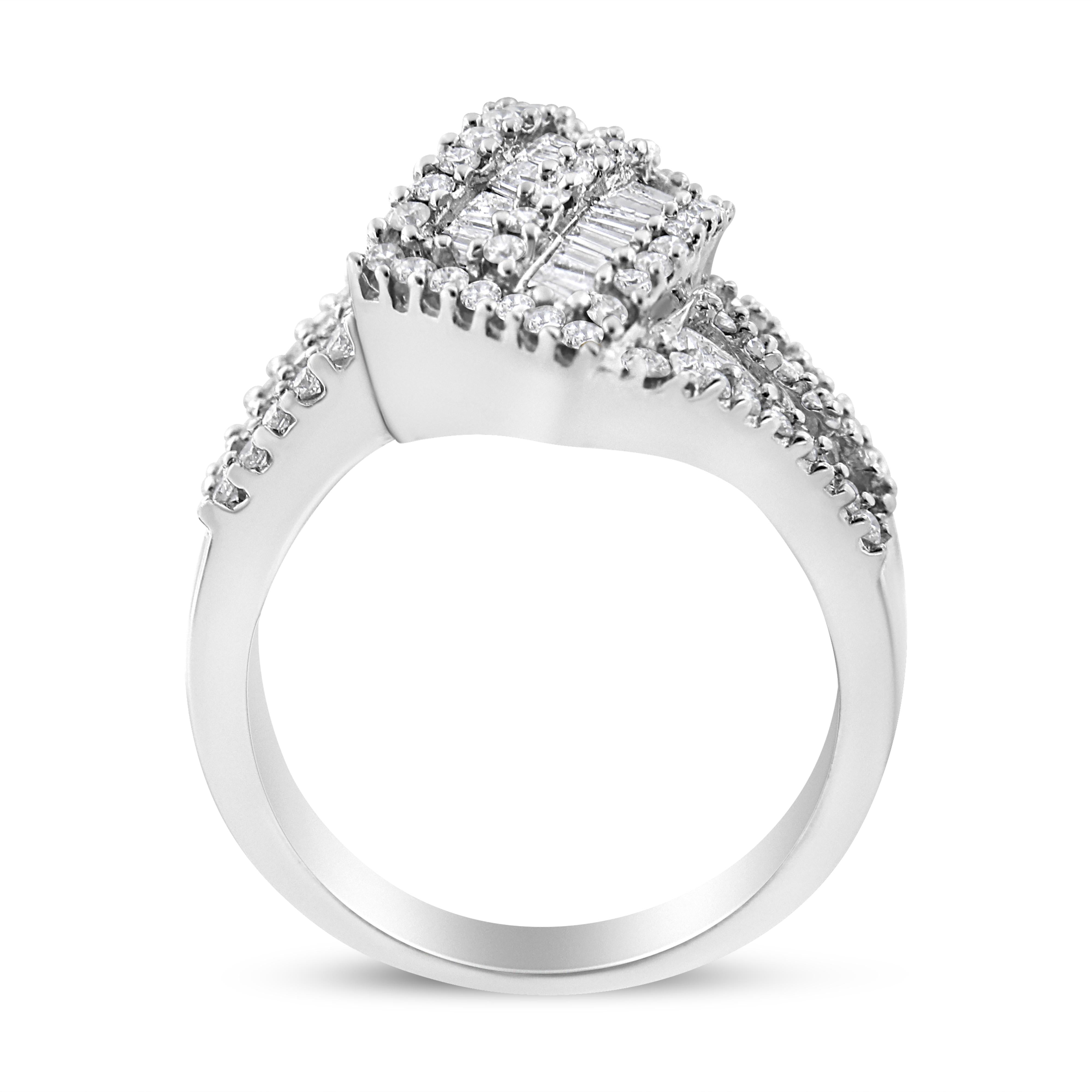 14K White Gold 1-1/2 Cttw Round and Baguette Diamond Bypass Cocktail Ring Band (H-I Color, SI1-SI2 Clarity) - Size 7
