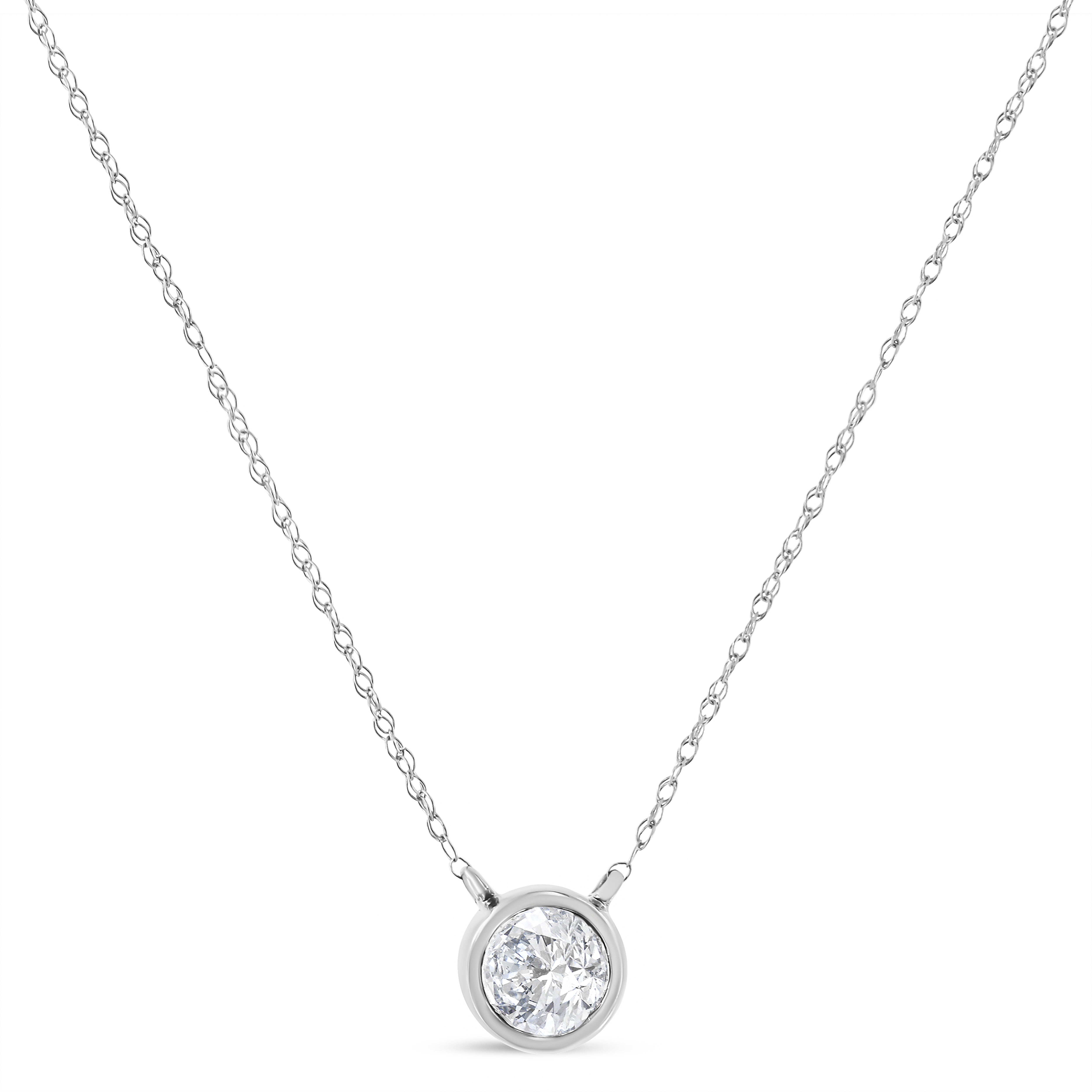 AGS Certified 10K White Gold 1/3 Cttw Bezel Set Round Diamond Solitaire 16-18" Adjustable Pendant Necklace (I-J Color, SI1-SI2 Clarity)