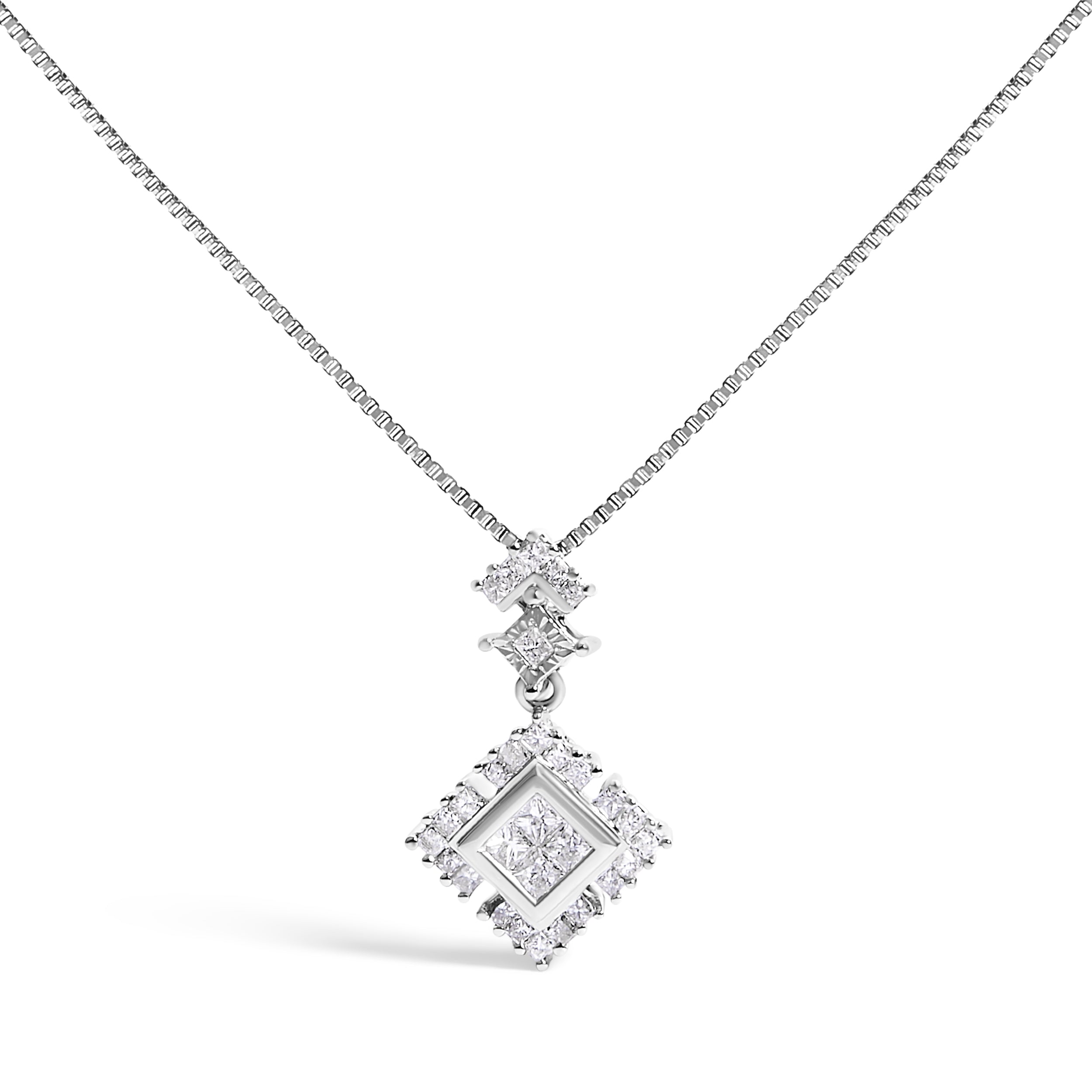 10K White Gold 1/2 Cttw Princess Cut Rhombus Drop Pendant Necklace