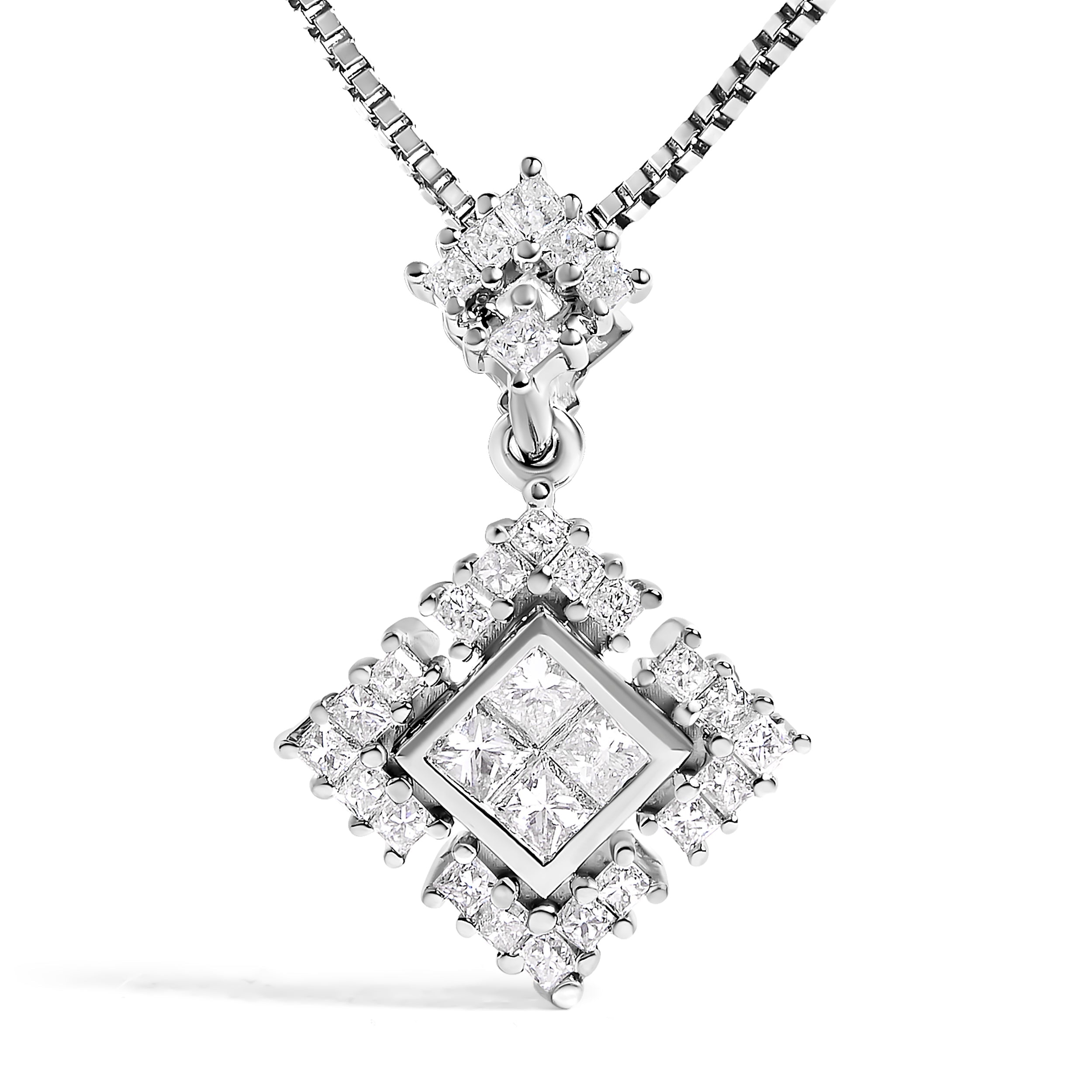 10K White Gold Princess Cut Diamond Geometric Pendant Necklace