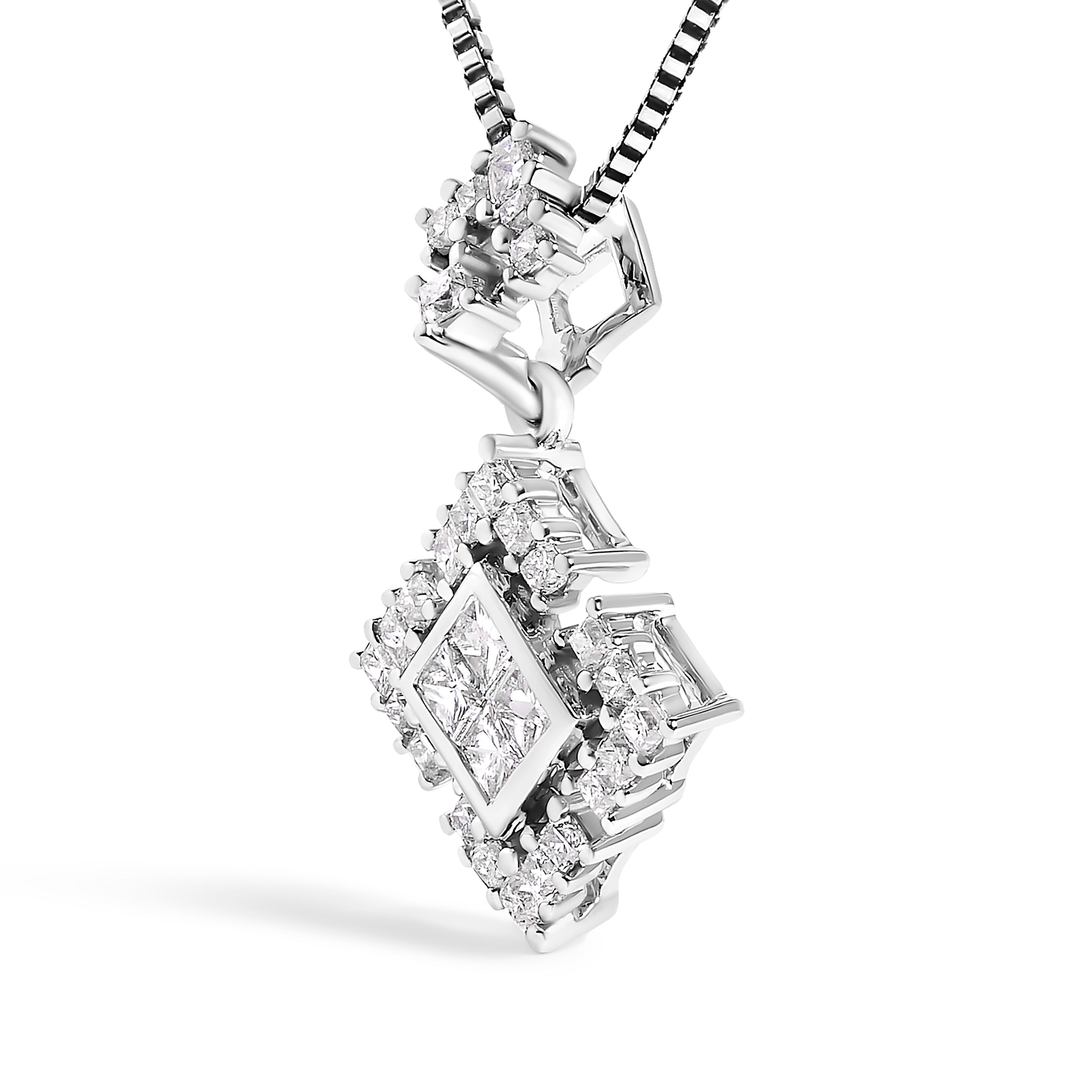 10K White Gold Princess Cut Diamond Geometric Pendant Necklace