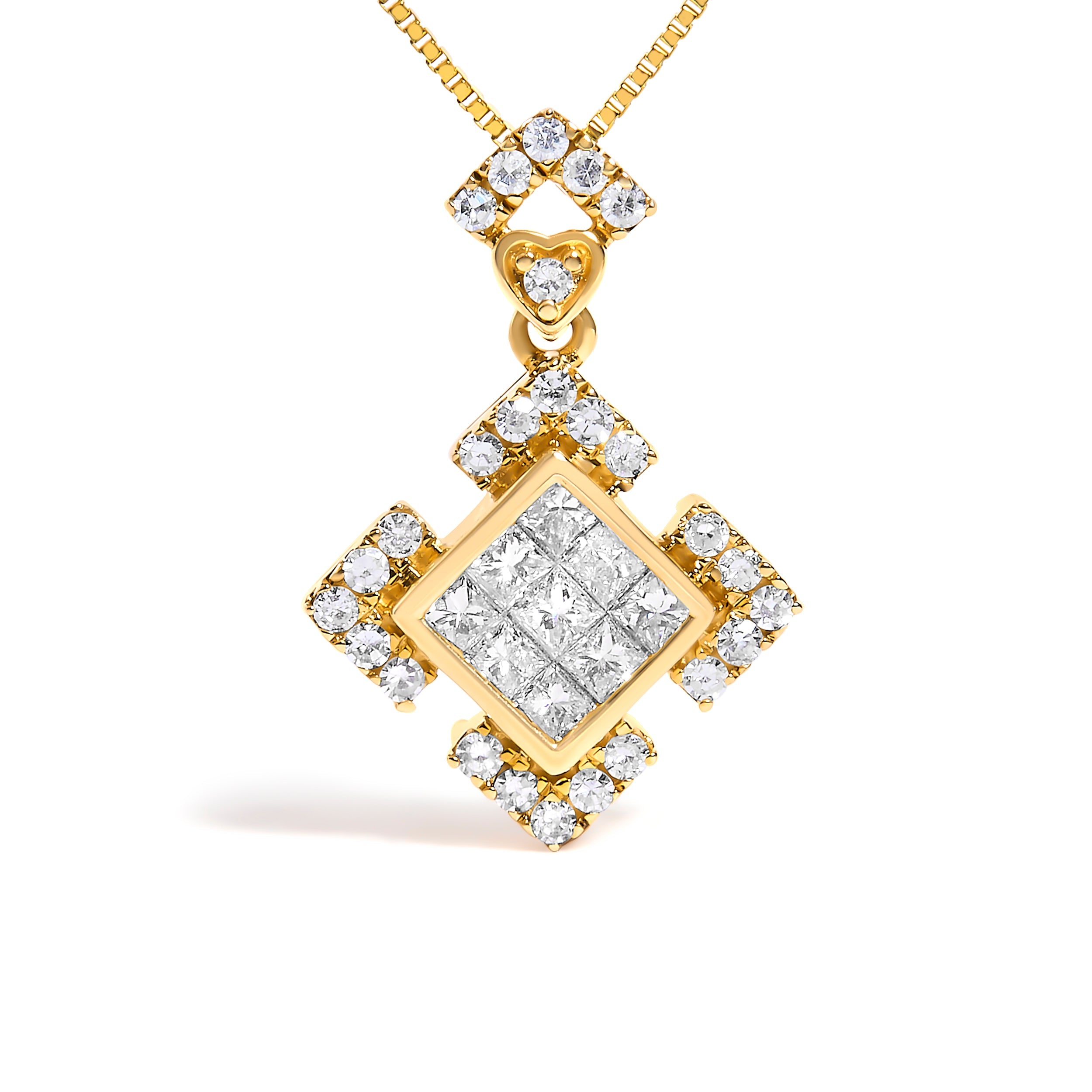 10K Yellow Gold 3/8 Cttw Princess Diamond Geometric Pendant Necklace