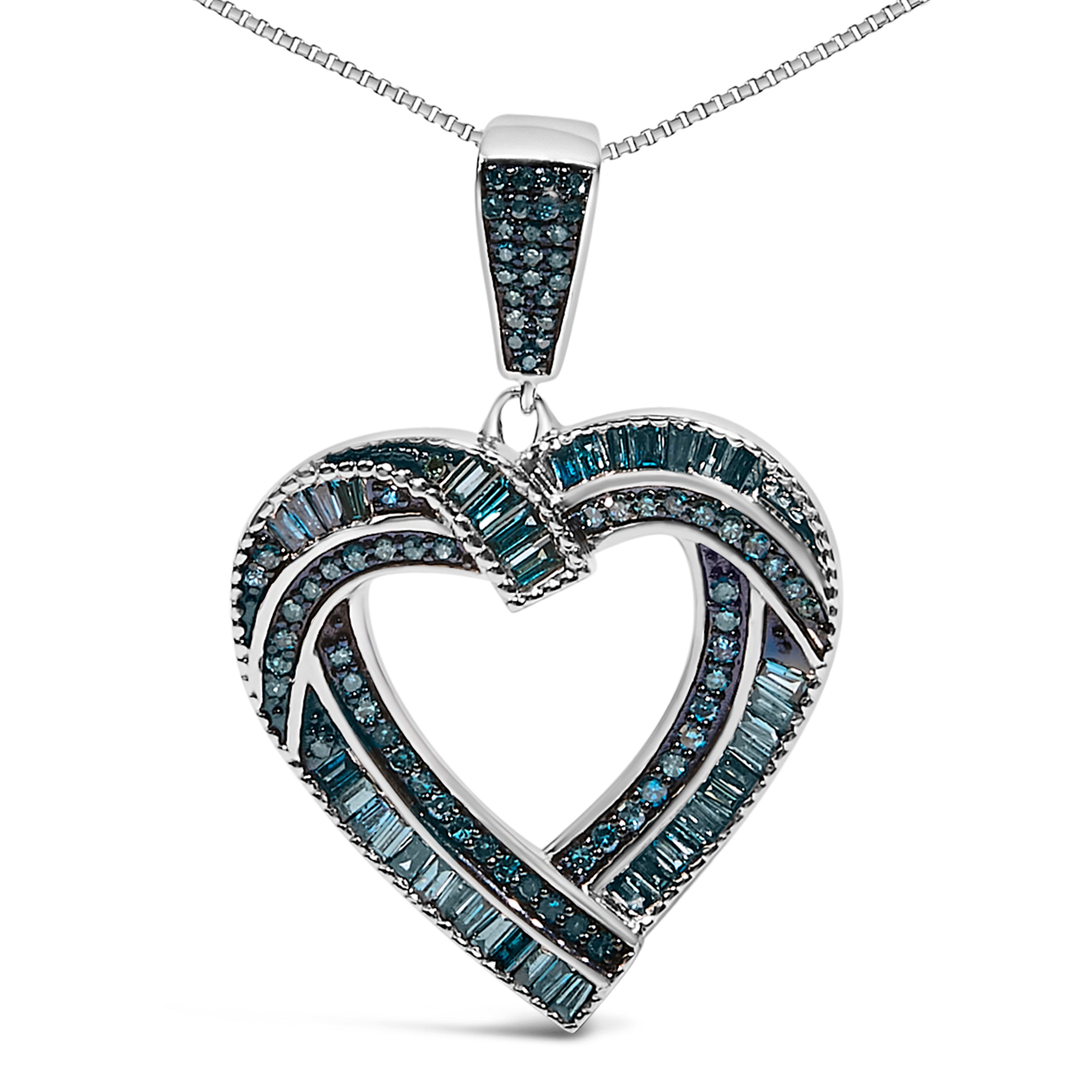 .925 Sterling Silver 1.00 Cttw Baguette and Round Blue Diamond Open Heart Pendant Necklace
