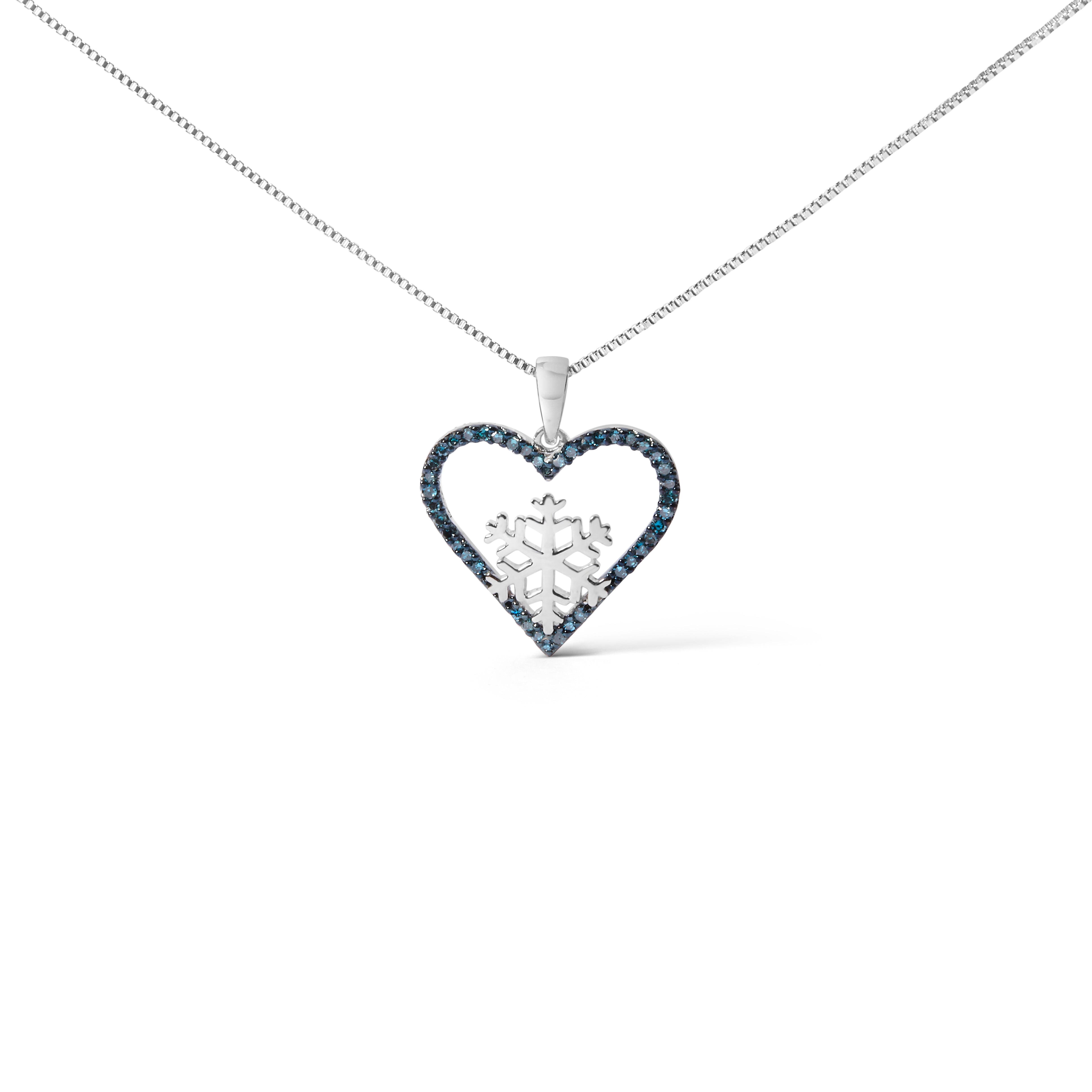 925 Sterling Silver 1/10ct TDW  Blue Treated  Diamond Heart Pendant Necklace