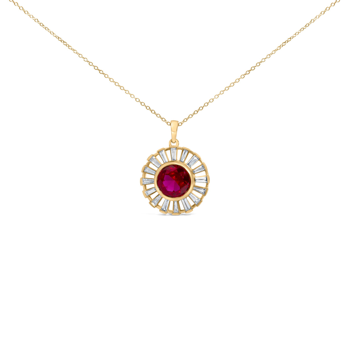 14K Yellow Gold Plated Silver Created Red Ruby and Baguette Diamond Sunburst Medallion Pendant Necklace