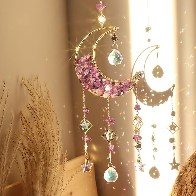 Amethyst Suncatcher for Window Hanging Hourglass Moon Sun Catcher with Chain Rainbow Maker