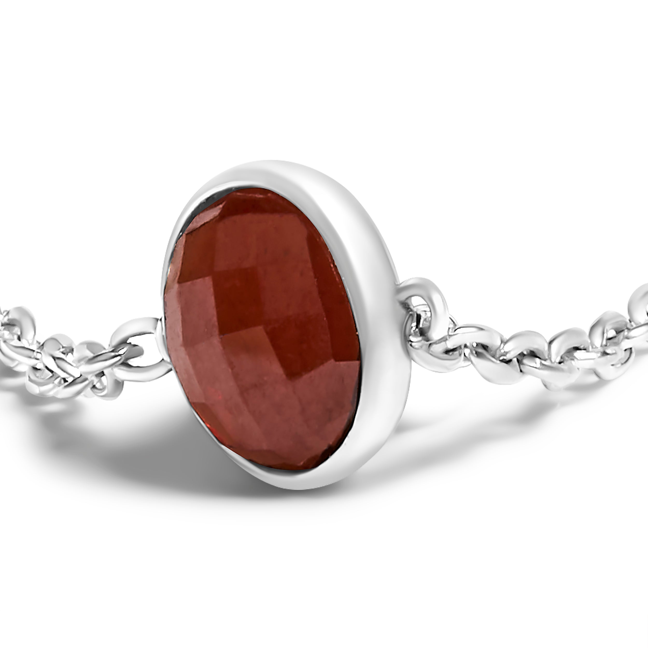 .925 Sterling Silver Bezel Set Red Garnet 5 Station Adjustable Bolo Bracelet