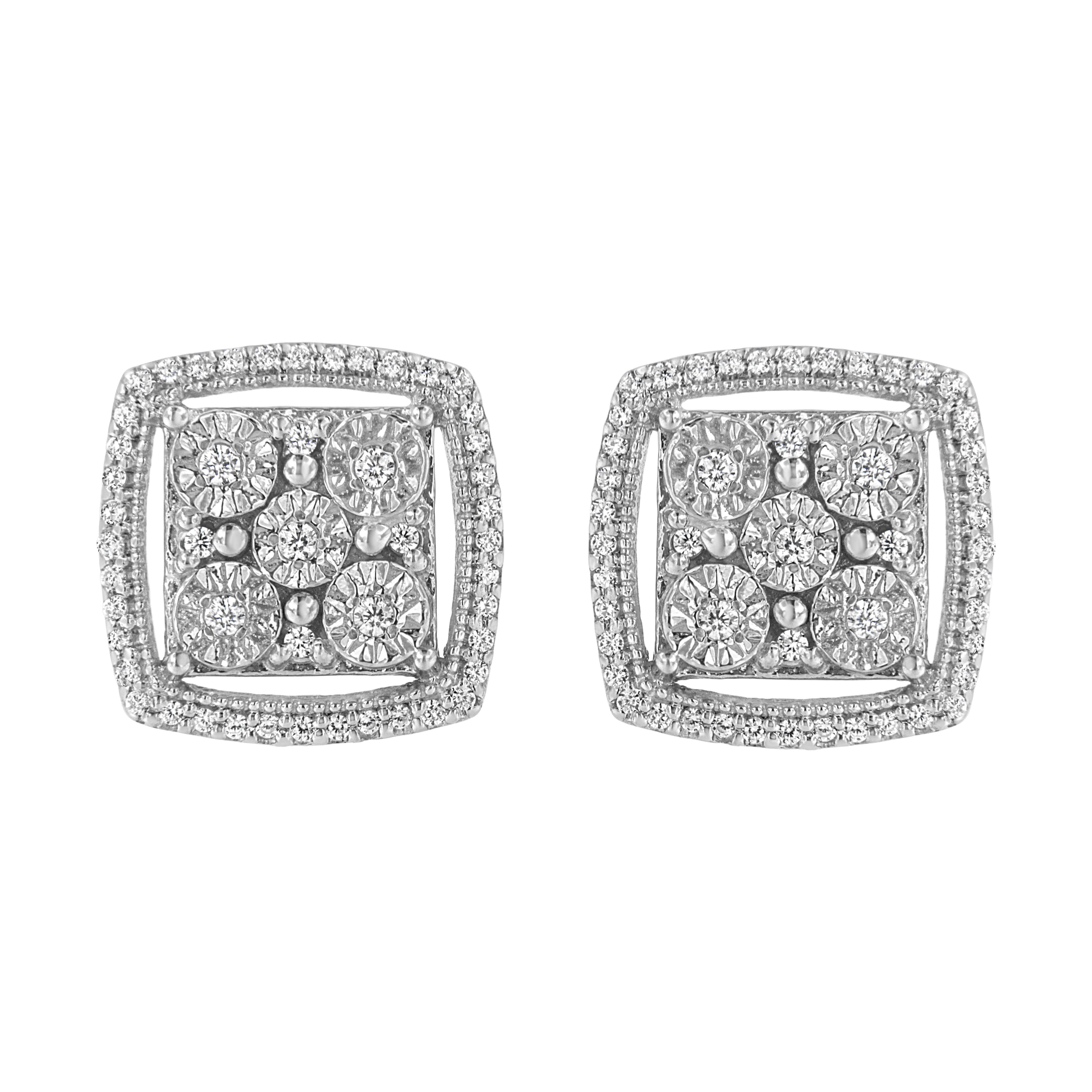.925 Sterling Silver 3/8 Cttw Miracle Set Round Diamond Double Halo Cluster Earrings (I-J Color, I2-I3 Clarity)