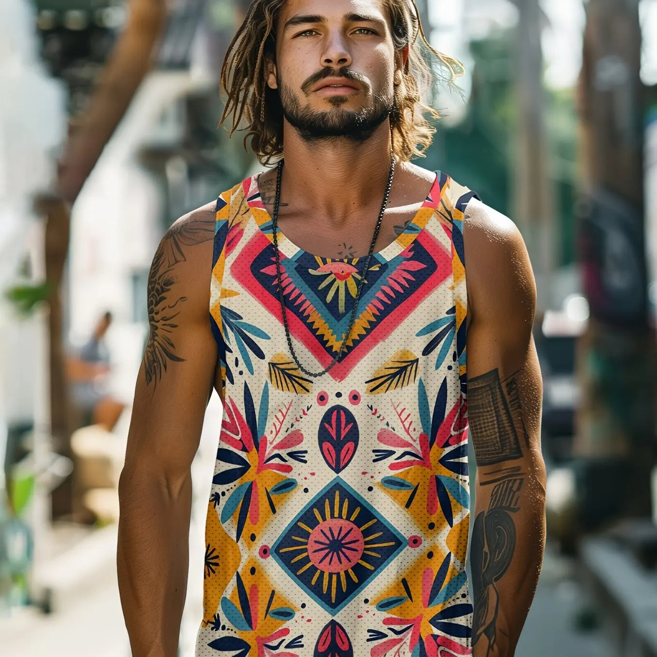 Summer Men's Vest Retro Totem Printed Round Neck Clothing Sleeveless T-shirt Printed Large Size Daily Sports Fitness Running Top
