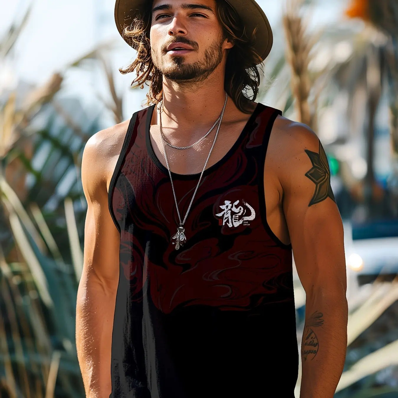 Summer Men's Vest Retro Totem Printed Round Neck Clothing Sleeveless T-shirt Printed Large Size Daily Sports Fitness Running Top