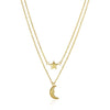 14k Yellow Gold Double-Strand Chain Necklace with Puff Moon and Star