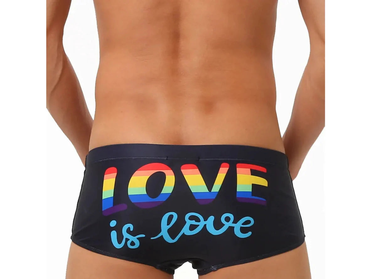 Gay Swim Trunks | UXH "LOVE IS LOVE" Pride Black Trunks