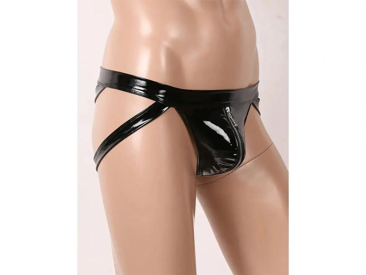 Gay Thongs | Wet Look Faux Leather Double-Ended Zipper Thongs