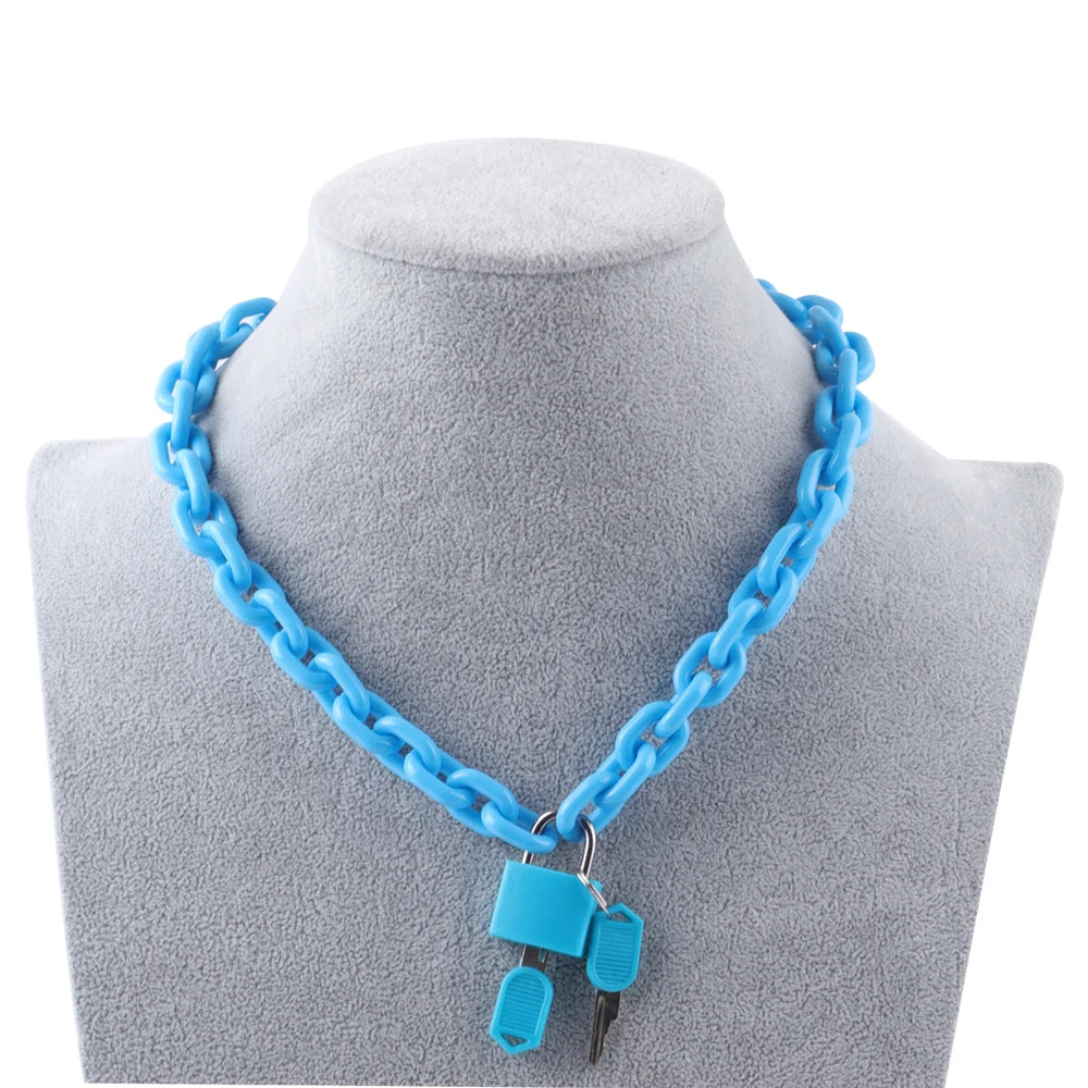 FishSheep Rock Punk Acrylic Chain Lock Pendant Necklace For Women Men Chic Neon Chunky Long Chain Necklace 2020 Fashion Jewelry