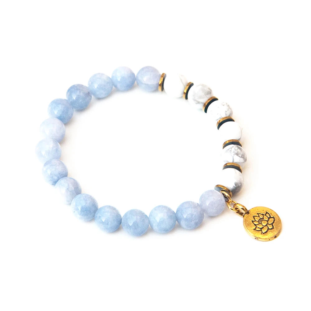 Ruberthen Natural Celestine Women`s Lotus Yoga Mala Bracelet 8 mm Matte Howlite Gemstone Bracelet Best Mother`s Day Gift